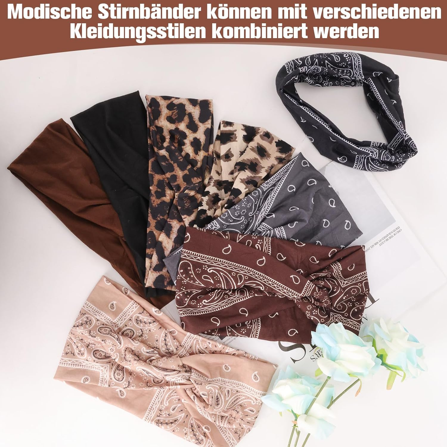 Pack of 8 Women'S Soft Headbands, Elastic Hair Bands, Summer Wide Headband Print Hair Accessories, for Yoga, Exercise, Workout, Running, Gym (Boho, Leopard Print, Plain) image number 2