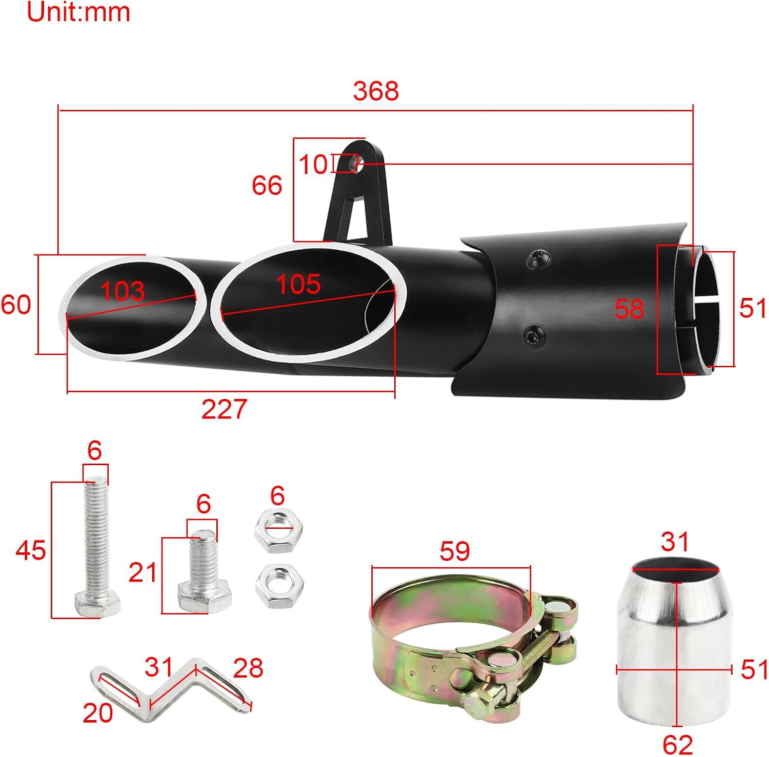 FLYPIG Two-Hole Aluminum Exhaust Muffler Pipe Kit with 38-51Mm Clamp Fit for All Motorbikes with 51Mm /2Inch Exhaust image number 3