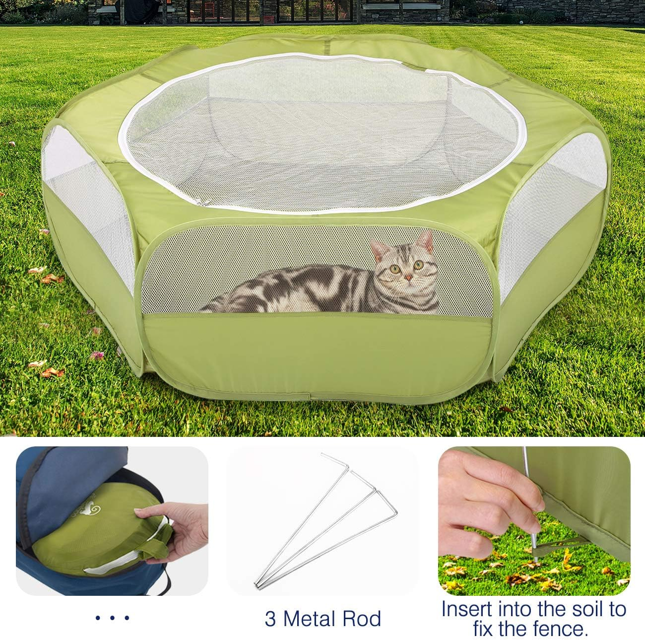 PAWABOO Small Animals Playpen, Breathable & Waterproof Small Pet Cage Tent with Zippered Cover, Portable Outdoor Yard Fence for Kitten/Puppy/Guinea Pig/Rabbits/Hamster/Chinchillas, Avocado Green image number 3