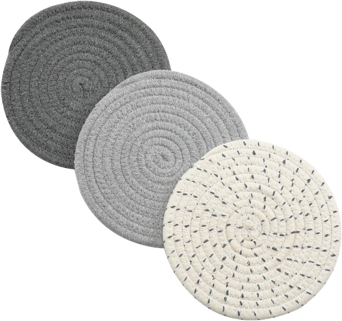 Potholders Set Trivets Set 100% Pure Cotton Thread Weave Hot Pot Holders Set (Set of 3) Stylish Coasters, Hot Pads, Hot Mats,Spoon Rest for Cooking and Baking by Diameter 7 Inches (Gray)