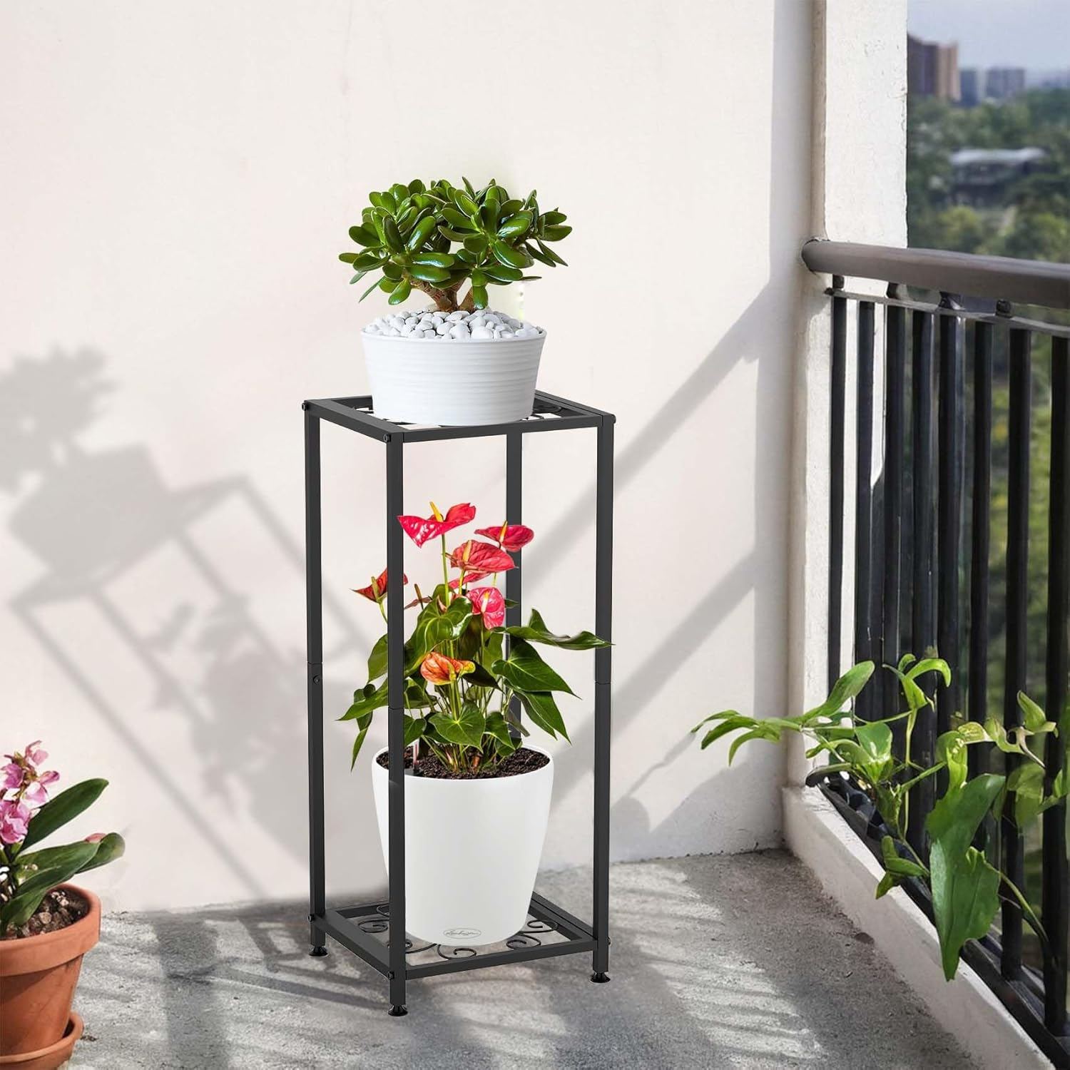 Plant Stand Indoor Plant Stand Outdoor Waterproof Metal Tall Plant Stand 2 Tier Plant Stands Black Plant Shelf Holder Rustproof Stable Plant Stands for Living Room Balcony Garden image number 4