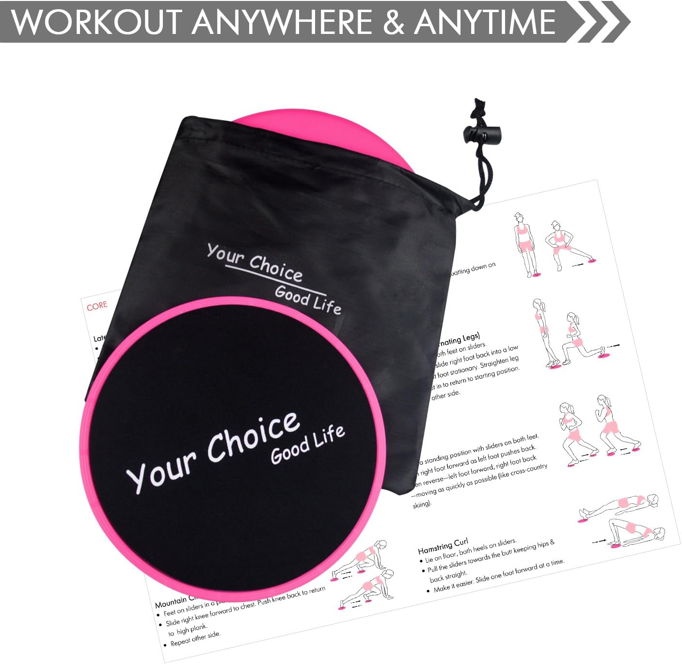 Your Choice Sliders Fitness Equipment Floor Sliders Exercise Core Gliders Gliding Discs for Full Body Workout, Dual Sided for Carpet or Hardwood Floors, Compact for Travel or Home with Carry Bag - Pink image number 2