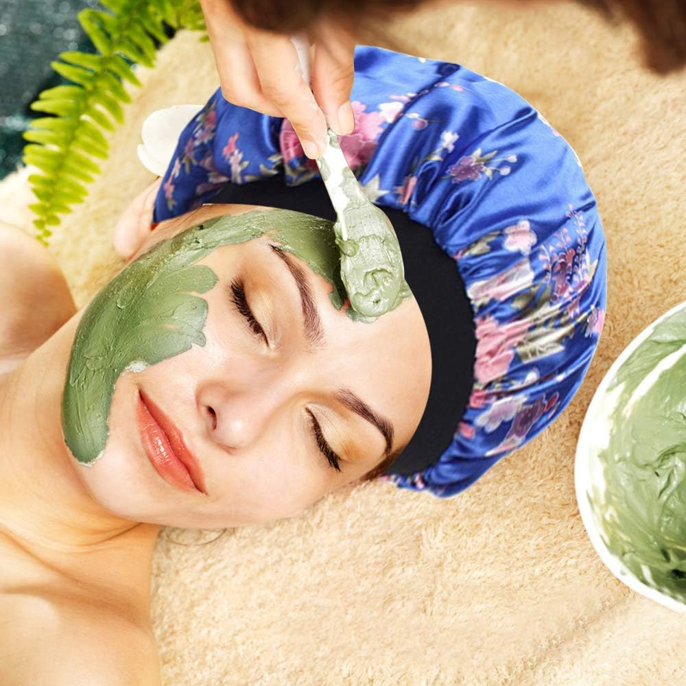 4 Pack Soft Satin Sleeping Cap Wide Band Salon Bonnet Silk Night Sleep Hat Hair Loss Cap for Women, 4 Styles image number 3