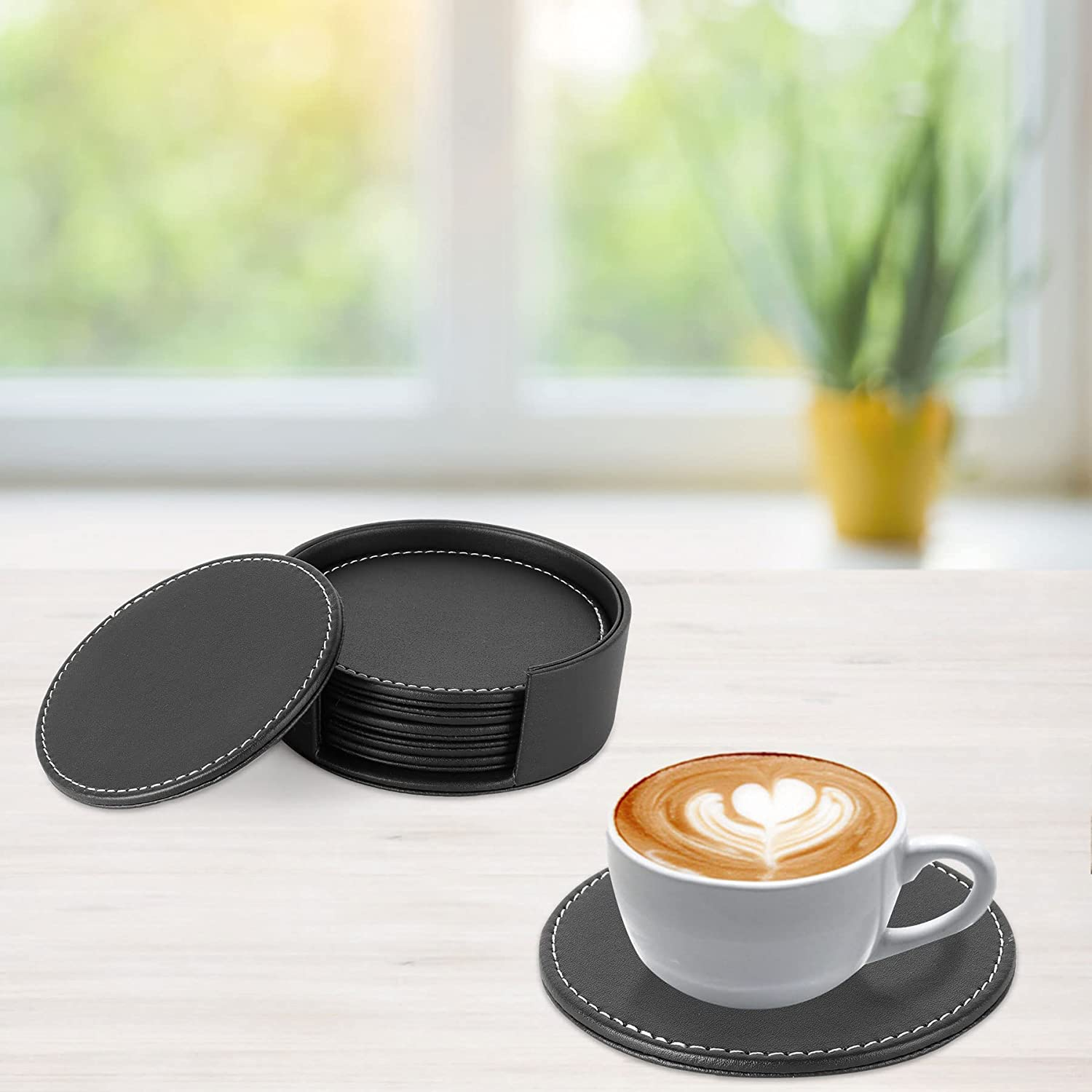 CARLWAY Set of 6 Leather Drink Coasters round Cup Mat Pad for Home and Kitchen Use Black, 3.94", 10Cm, image number 6