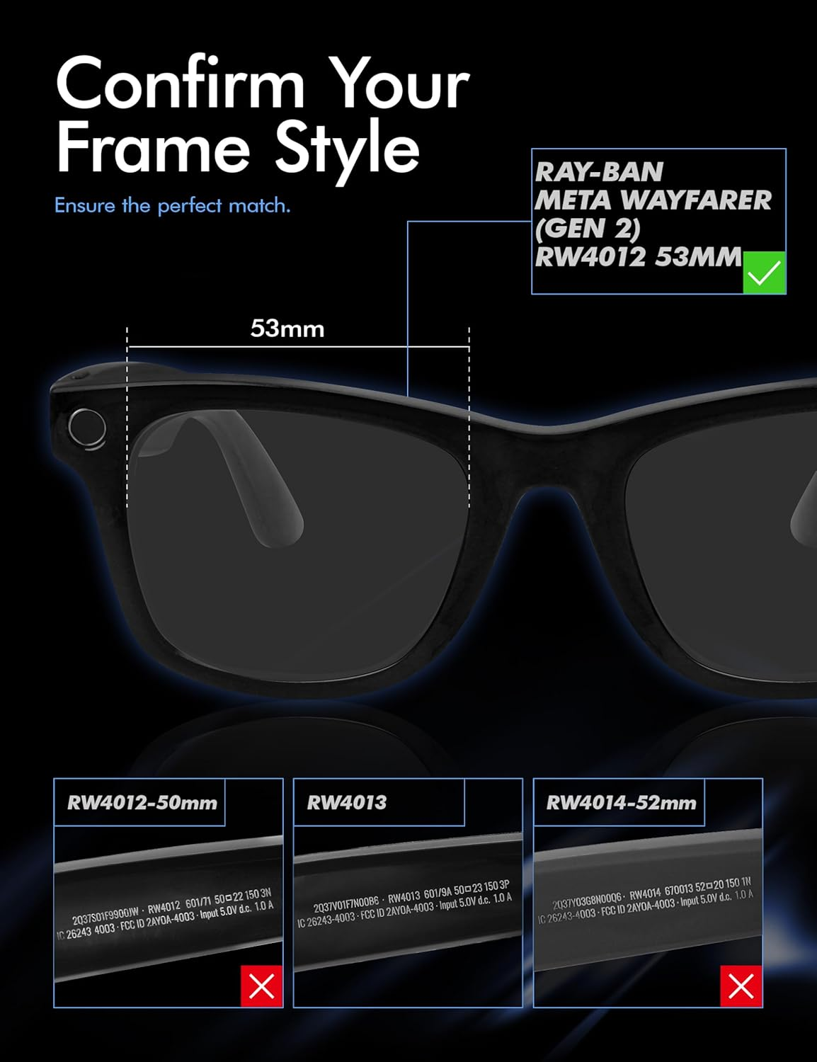 Saucer Premium Replacement Lenses Compatible with Ray-Ban Meta Wayfarer (Gen 2) RW4012 53Mm Smart Sunglasses image number 1