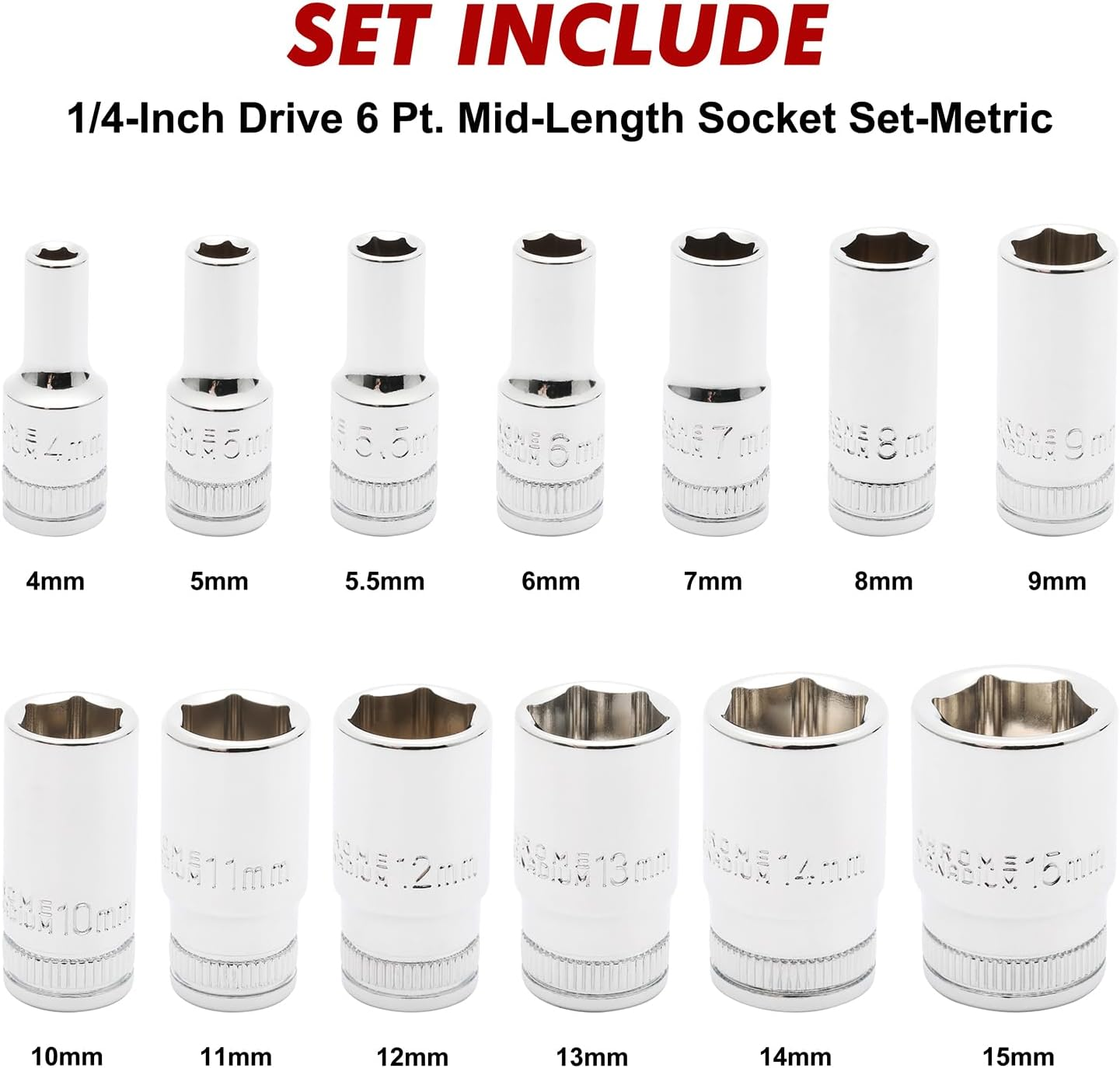 CASOMAN 13PCS 1/4" Drive Mid-Length Socket Set, 6-Point, Mirror Chrome Finish, Metric, 4Mm to 15 Mm image number 5