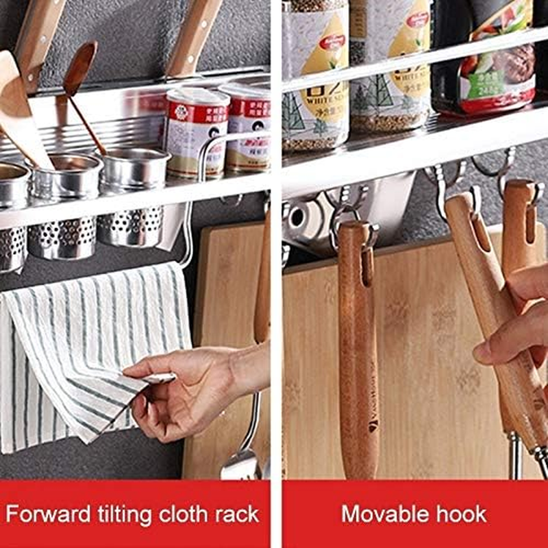 Kitchen Shelf 40Cm 1 Cup 6 Hooks Multi-Function Kitchen Punching-Free Wall-Mounted Aluminum Edge Condiment Holder Storage Rack Kitchen Shelf