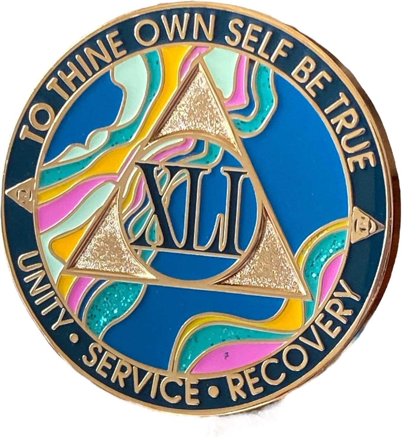41 Year AA Medallion Marble Tahiti Teal Pink Gold Sobriety Chip, 33Mm, Metal image number 2