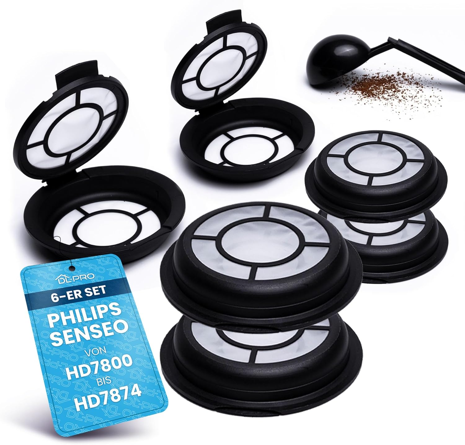 Dl-Pro Set of 6 Refillable Coffee Pods for Melitta 180424 Permanent Pad Filter Coffee Filter for Senseo Coffee Machine HD7800 to HD7874 6 Pieces with Coffee Powder Spoon
