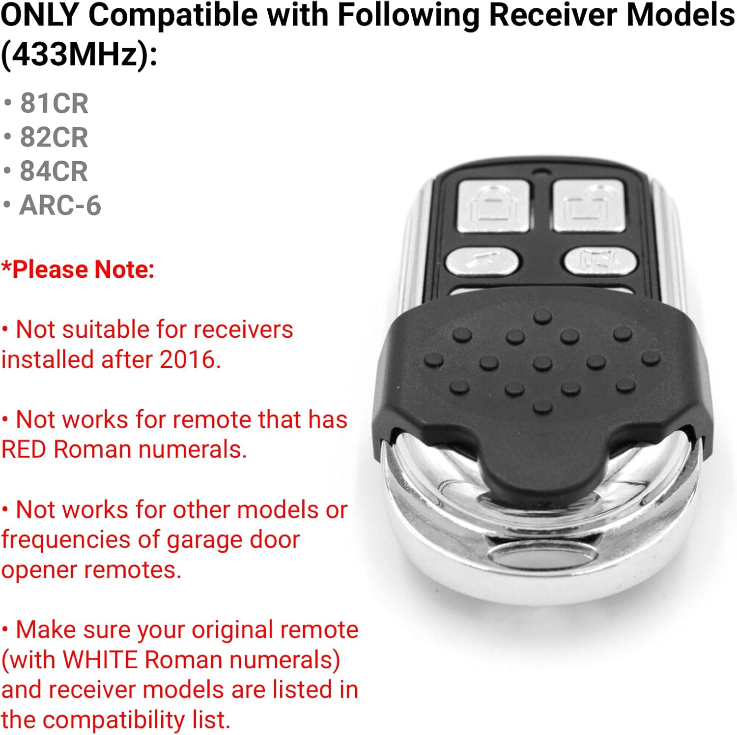 QSDIYRF Gate/Garage Door Remote ONLY Compatible with 81CR 82CR 84CR ARC-6 Receivers, Replacement for ECA White Roman Numerals Buttons Remote Control (433Mhz, Green LED Indicator, 1 Pack) image number 3