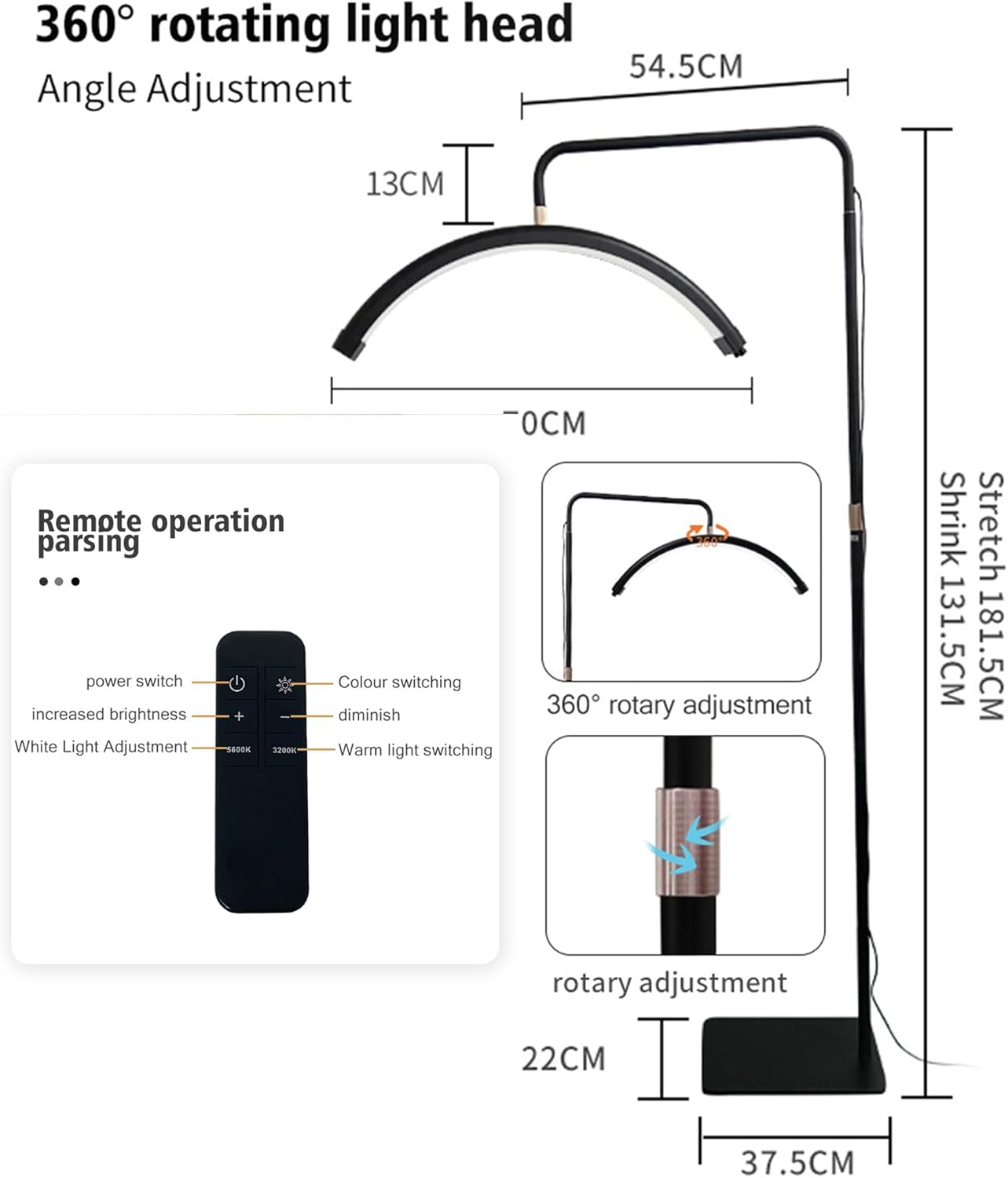 Lash Light for Eyelash Tech, Foldable Floor Lash Lamp for Eyelash Extensions, LED Half Moon Light Lash Tech with Phone Holder, Dimmable Esthetician Light for Eyelash/Skincare/Tattoo