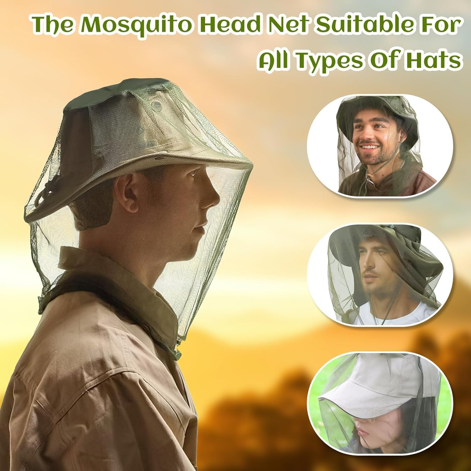 4 Pack Mosquito Head Net - Breathable Insect Face Shield for Hiking, Camping,Fishing & Gardening | Lightweight Bug Proof Mesh Cover | Beekeeper Approved | Army Green image number 6