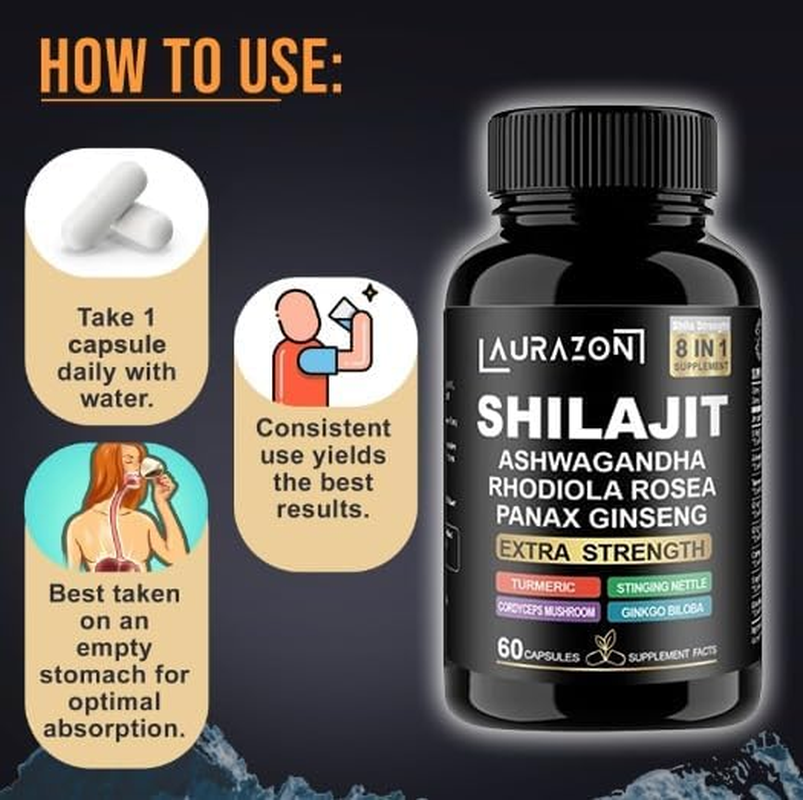 Aurazon Pure Himilayan Shilajit Enriched with Ashwagandha, Rhodiola Rosea & Panax Ginseng, High Strength 15250 Mg Shilajit Complex Capsules with 2 Months Supply for Both Men and Women