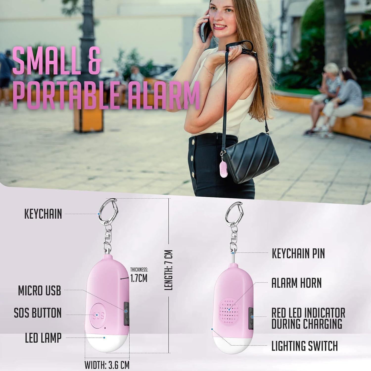 Self Defense Keychain Personal Alarm- 130Db Rechargerable Self Defense Alarm Keychian with Emergency LED Flashlight - Security Personal Protection Device for Women Girls Kids Elderly - White image number 5