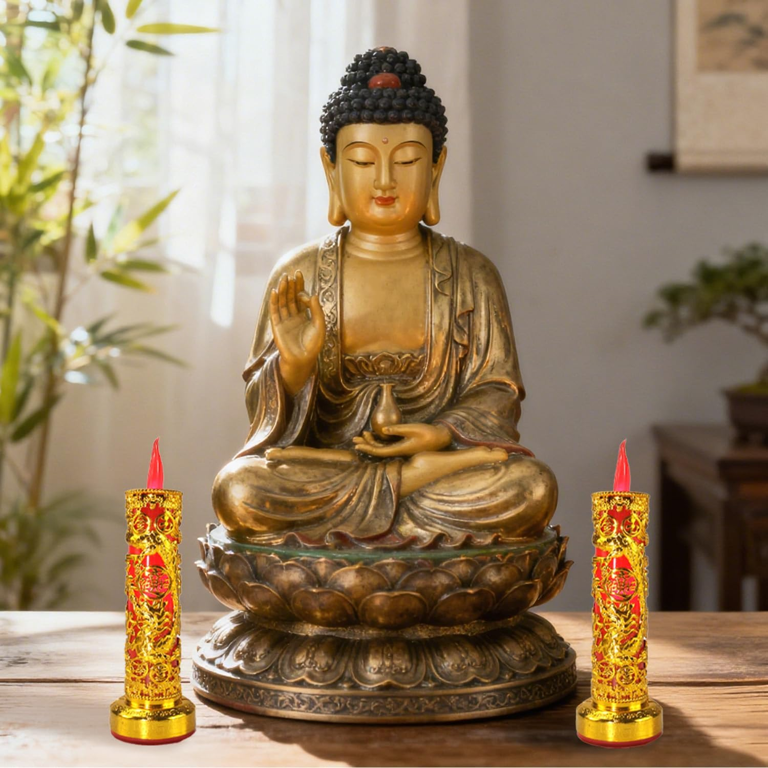 BOROLA 2Pcs Chinese Buddhist Flameless LED Candle Lamp - Traditional Red Lantern Design, Retro Light for Meditation, Altar & Feng Shui D&eacute;cor image number 5