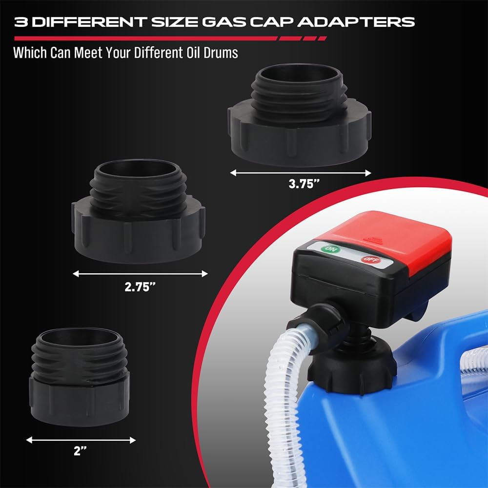 SEDY 4-Piece Automatic Liquid Transfer Pump, Portable Fuel Pump with Auto-Stop Sensor, 3.2 GPM, Strong Suction, Battery Operated, Includes 3 Gas Cap Adapters for Cars, Boats, Lawnmowers, Tractors image number 2