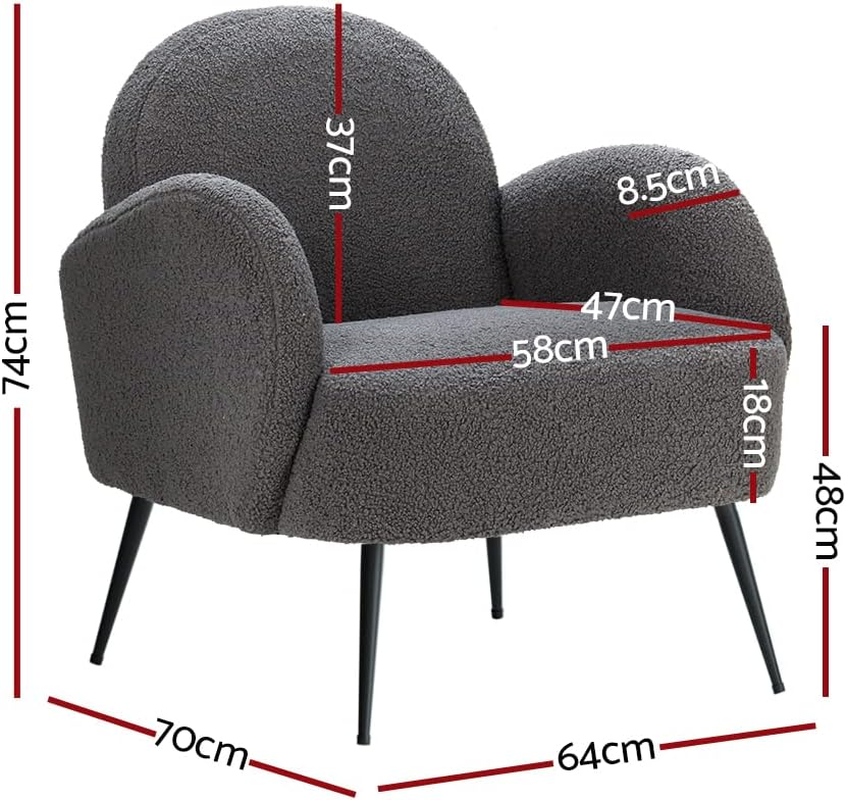 Artiss Armchair Sherpa Fabric Recliner Lounge Dining Chairs Nursing Occasional Reading Seating Single Sofa Home Living Room Bedroom Furniture, Charcoal with 18Cm Thick Padding Seat image number 2