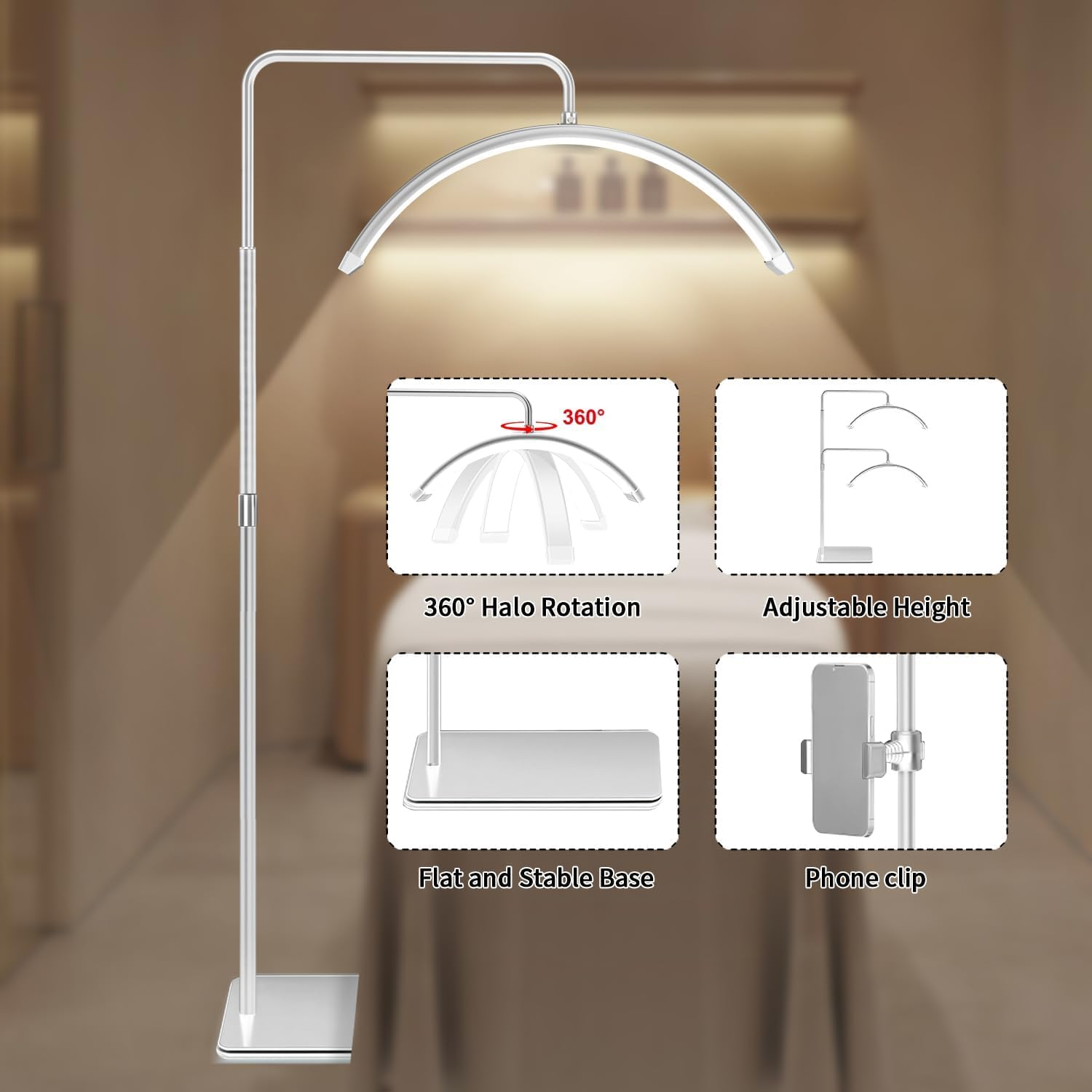 Lash Light, Lash Half Moon Light, for Eyelash Extensions, for Tattoo Artists, Nail Tech, Esthetician Cool, Warm Lamp with Adjustable Brightness & Height & Brightness. (White) image number 5