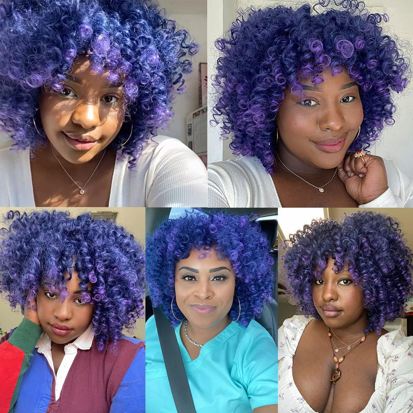 Lizzy Short Afro Curly Wigs for Black Women Full Synthetic Natural Blue with Purple Afro Kinkys Curly Wig with Bangs Shoulder Length Heat Resistant Wigs for Daily Use image number 4