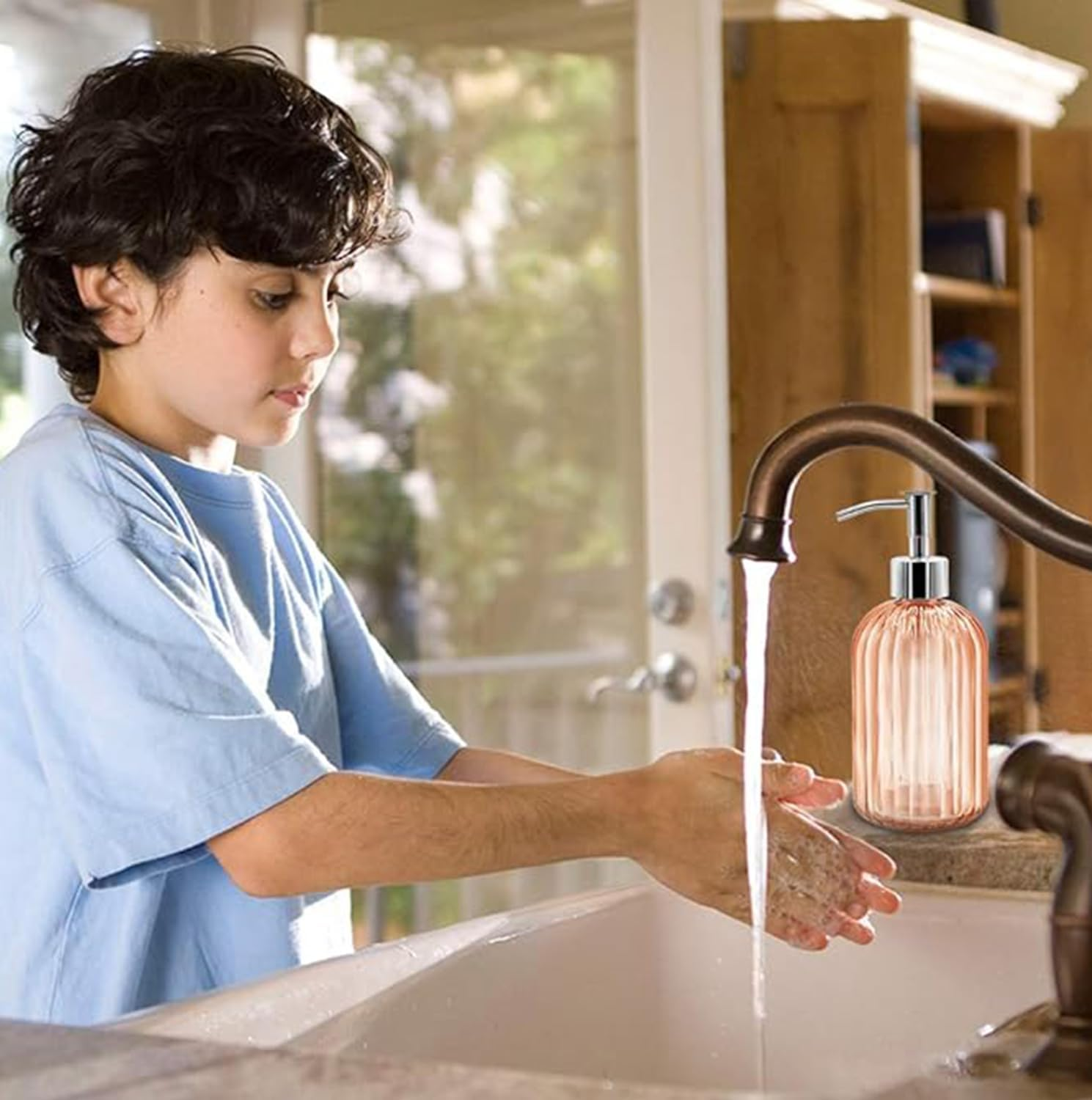 Clear Glass Soap Dispenser (2 Pack 400ML) Refillable Hand Soap Dispenser Vertical - Stripe Bathroom & Kitchen Dispensing Containers (Yellow) image number 1