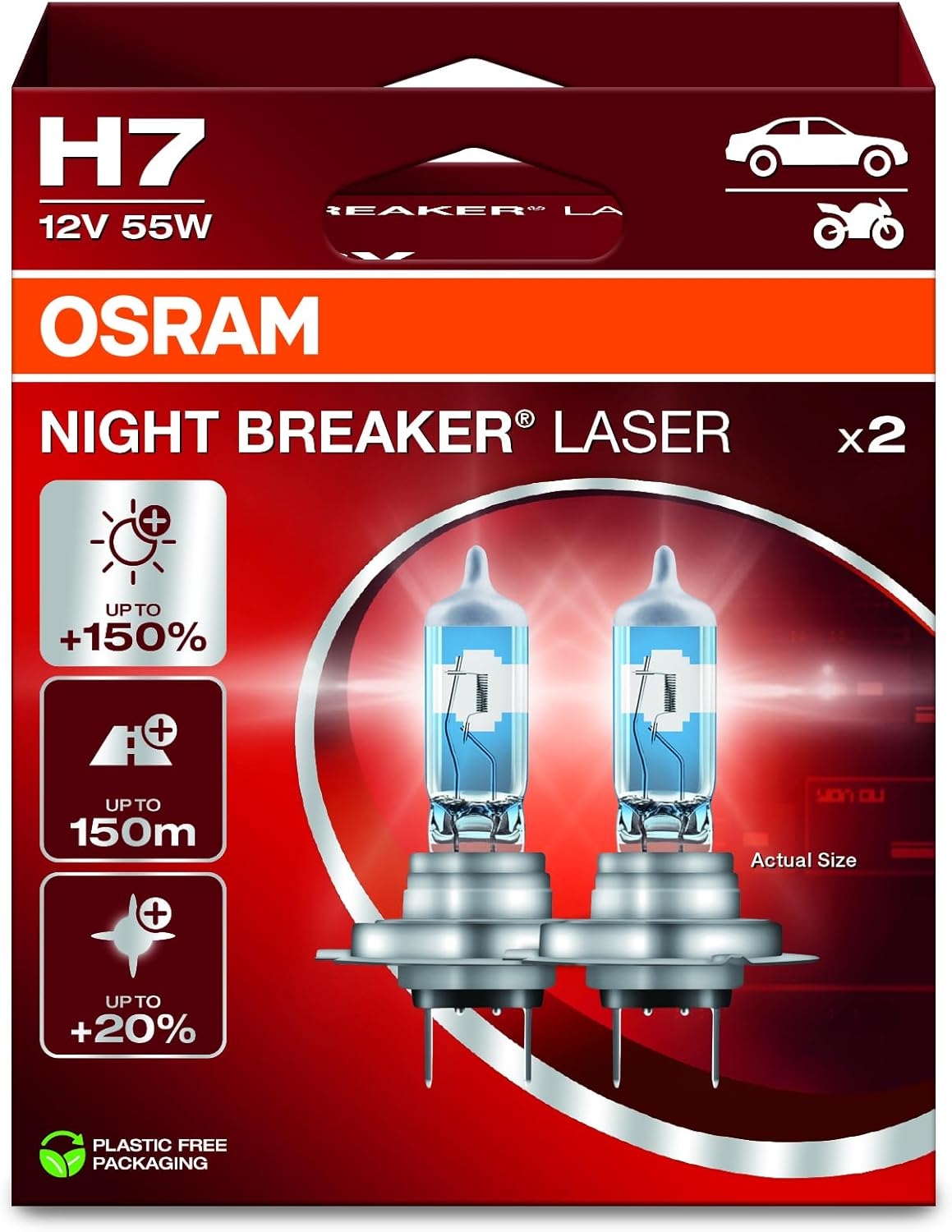OSRAM Night Breaker Laser H7, +150% More Brightness, Halogen Headlight Bulb, 64210NL-2HB, 12 V Car, Hanging Box (2 Lamps) image number 6