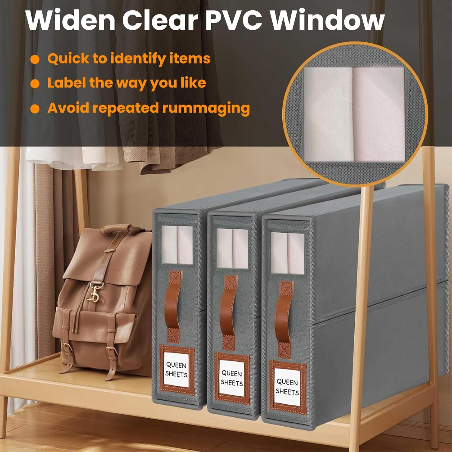 4 Pack Bed Sheet Organizers and Storage, Foldable Linen Closet Organiser with Window and Label, Home Storage & Organisation for Bedding Sheets,Duvet Covers,Blankets (Grey)