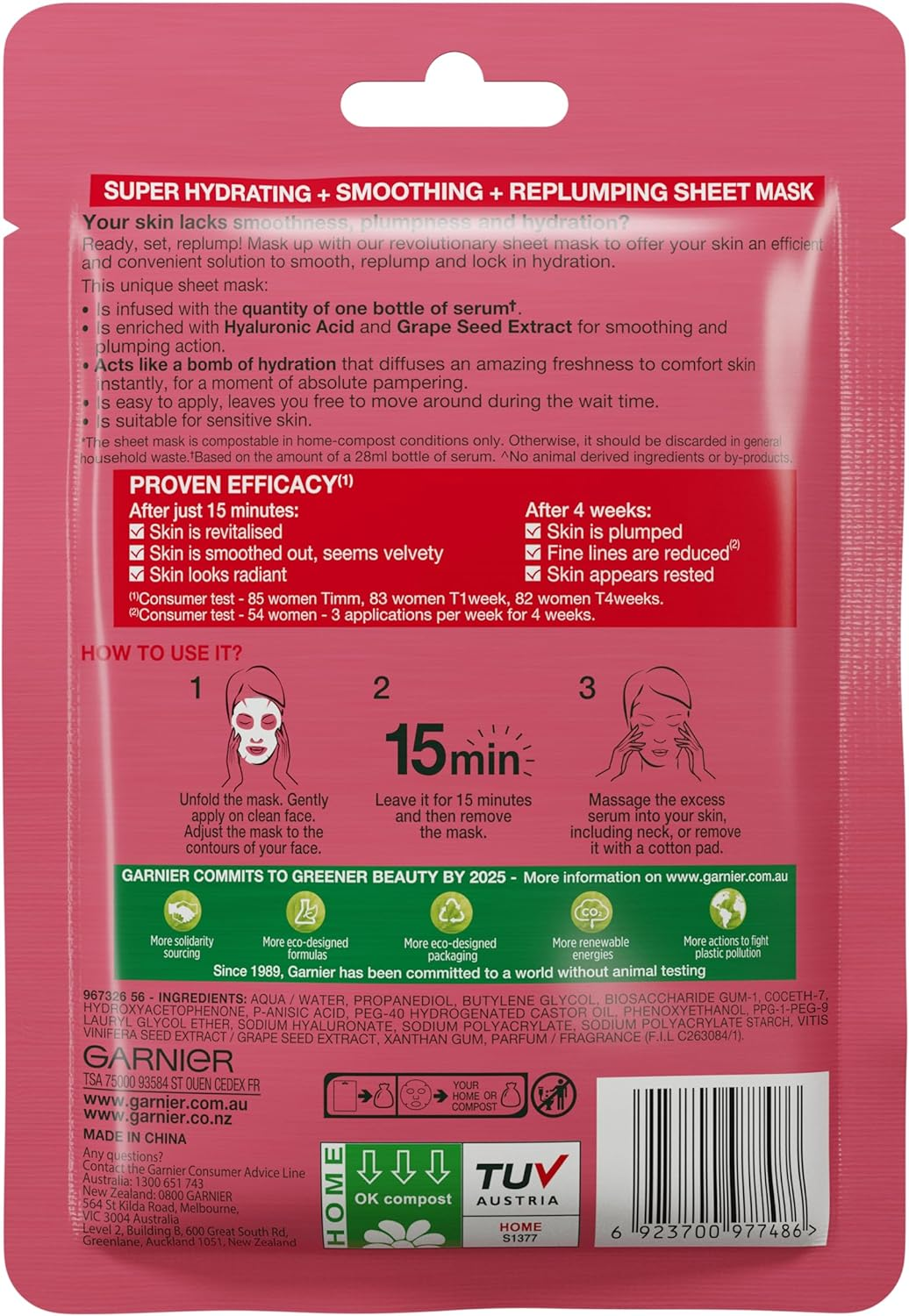 Garnier Hydra Bomb Hyaluronic Acid Grape Seed anti Ageing Sheet Mask (3 Pack) image number 6