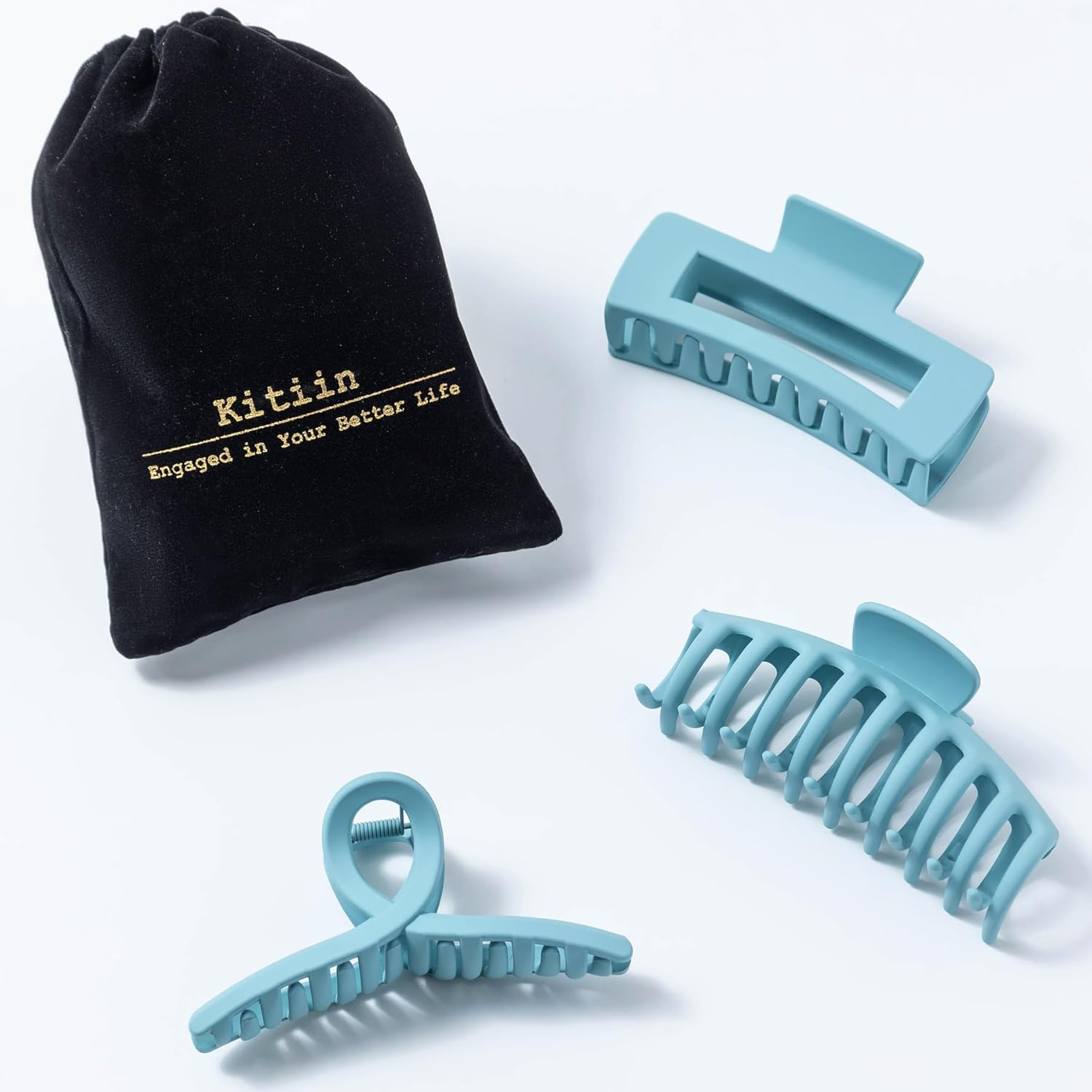 Kitiin Light Blue Large Hair Claw Clips for Thick/Fine/Thin Hair,Strong Holding Teeth Interlocking Sky Blue Women Jaw Clips for Hair 3 Count in Set - Blue image number 3