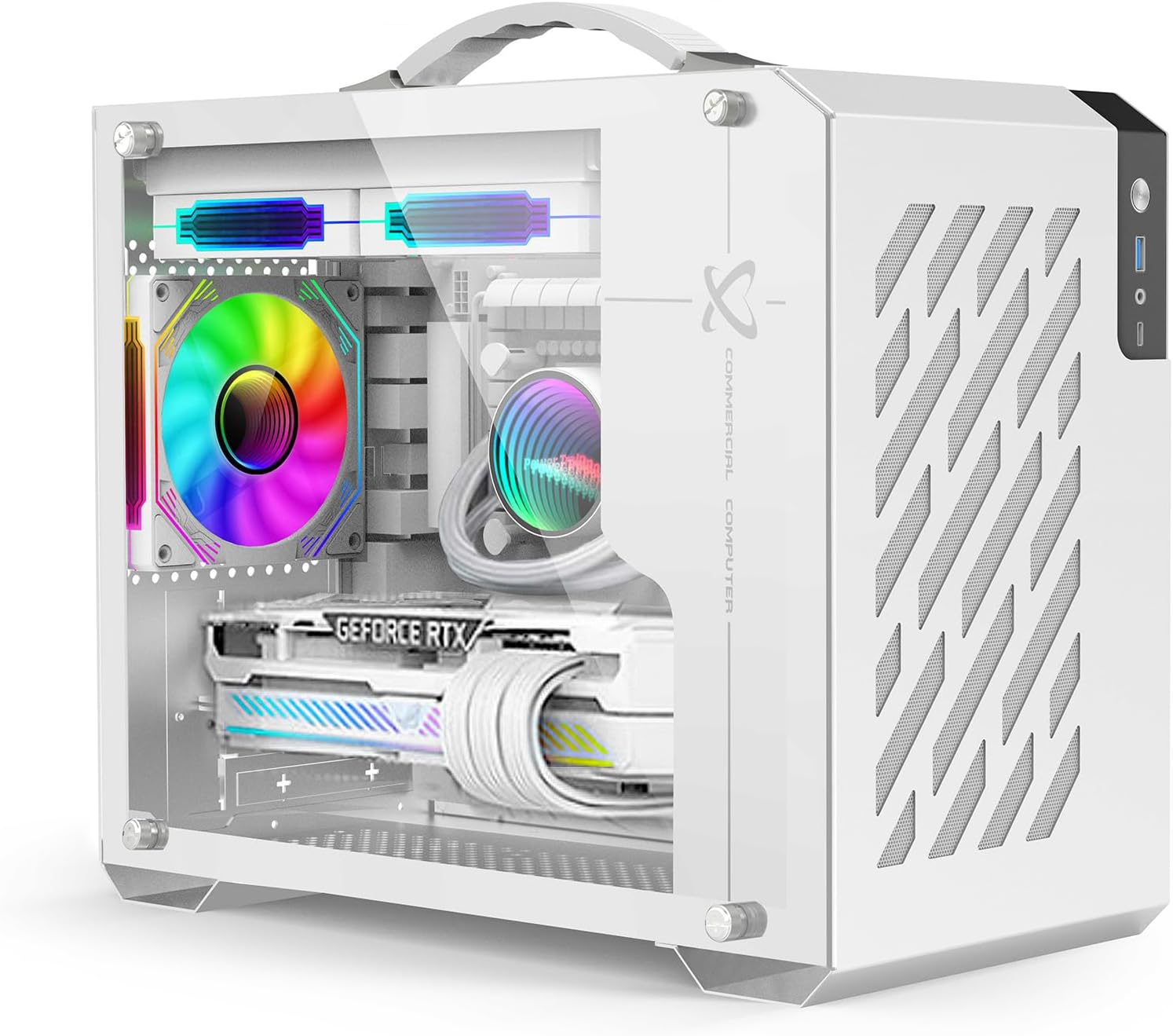 LIODUX Mini-Tower Case, Mini Portable ITX Computer Case, Full Side Glass Transparent DIY Desktop Case with Handle, Gaming PC Case 360Mm Radiator, Computer Tower Case - Fan Not Included (White)