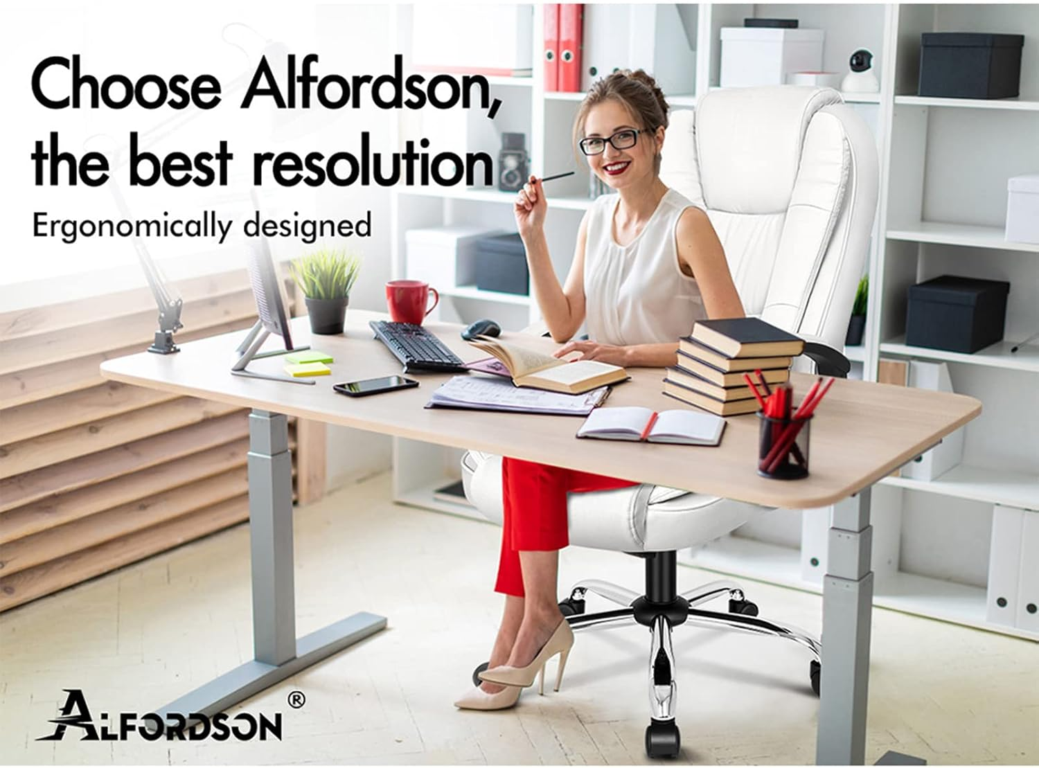 ALFORDSON Office Chair with 150&deg; Recline and SGS Listed Gas-Lift, Ergonomic PU Leather Executive Chair with TUV Certified Wheel for Computer Desk, Swivel Gaming Chair for Max 150Kg (Classic White) image number 4