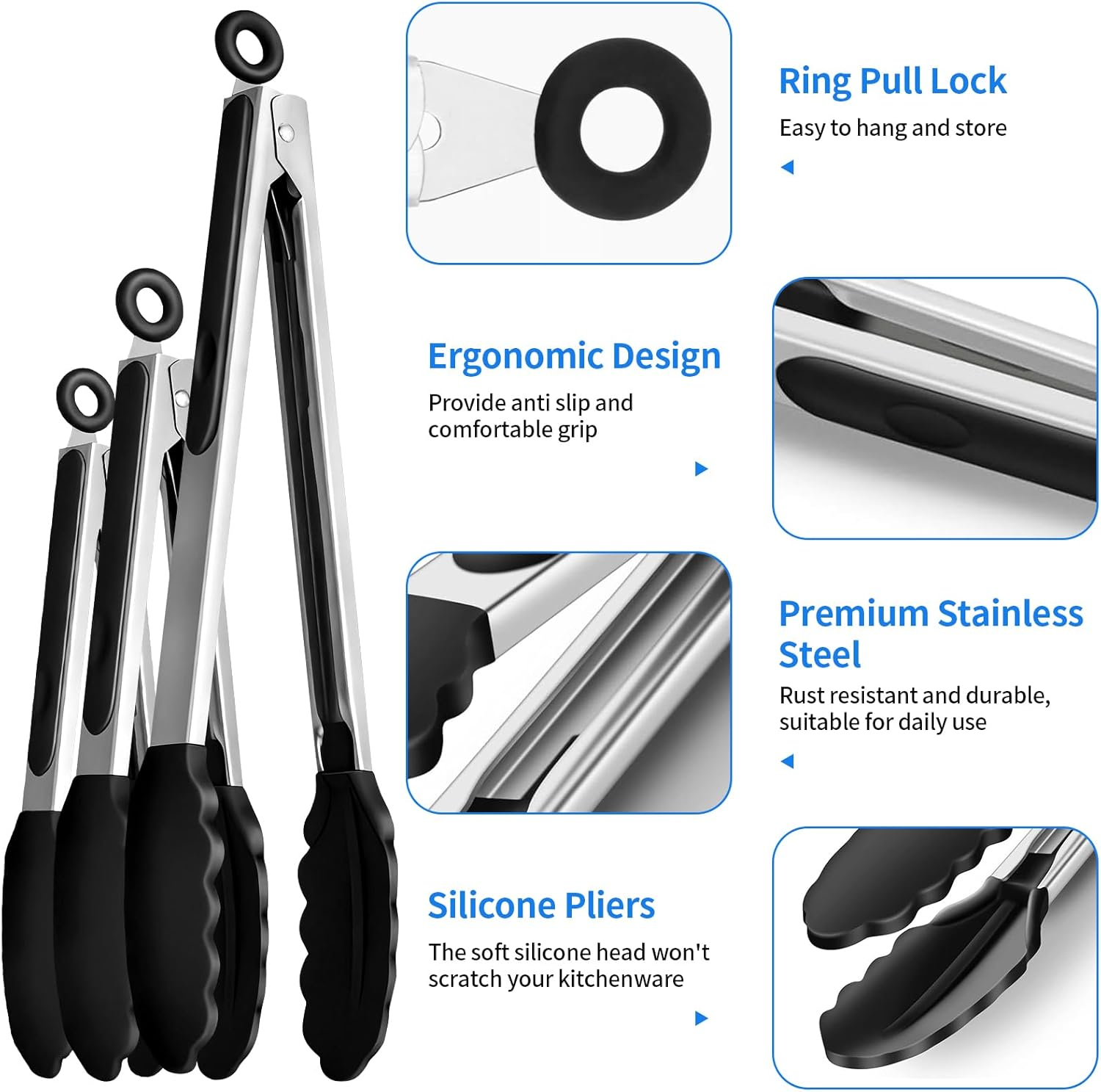 Silicone Tongs Set of 3, Stainless Steel Kitchen Tongs 18/23/30 Cm with Non-Stick Tips, Heat Resistant Cooking Utensils for Grill BBQ Frying Salad Serving (Black)