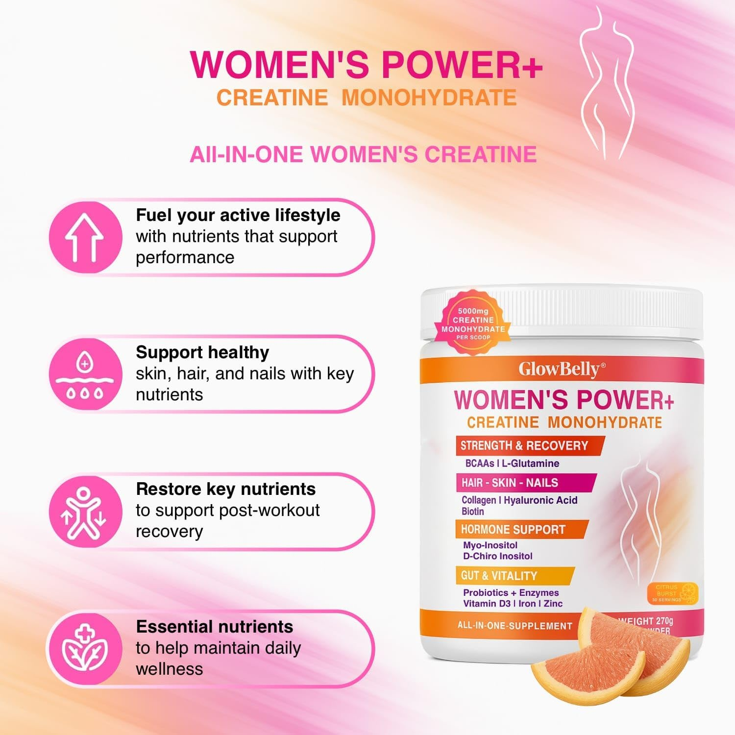 Glowbelly Power+ Women&rsquo;S Wellness Blend | Creatine Monohydrate, Collagen, Bcaas, L-Glutamine, Myo-Inositol, D-Chiro Inositol, Maca, Hyaluronic Acid, Zinc, Biotin, Vitamin D3, Prebiotics & Probiotics | 30 Serves image number 3