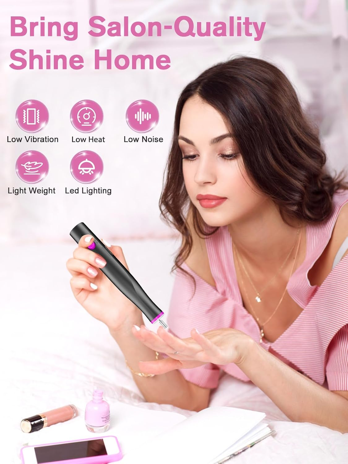 Cordless Nail Drill, Portable Electric Nail File with LED Light for Acrylic Gel Nails, Rechargable 22000RPM Nail Efile Drill Machine Kit with 6 Nail Drill Bits for Home Manicure Pedicure, Gray - Purple image number 7