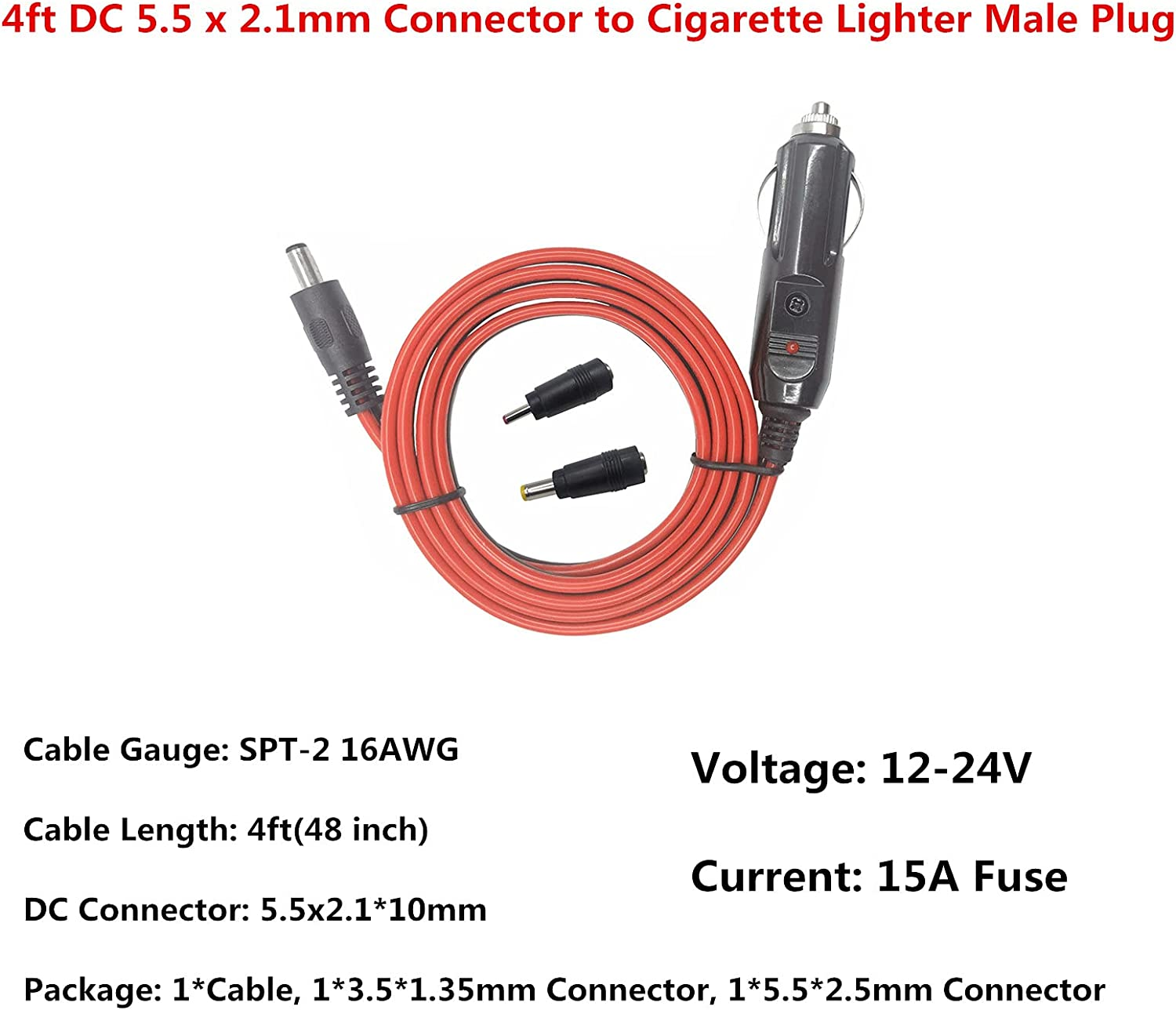 DC 5.5 X 2.1Mm Connector Car Charger Power Supply Cord 4Ft - 12V 24V Cigarette Lighter Male Plug with LED Light 16AWG Wire 15A Fuse for Portable DVD Player, Car, Camera image number 3
