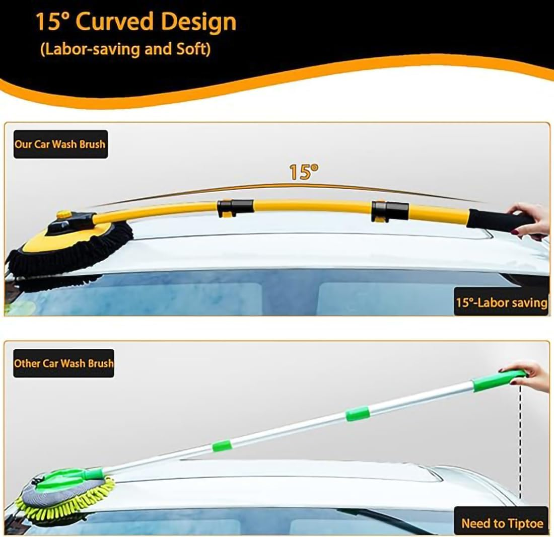 Mumoo Bear 15&deg; Curved Car Cleaning Brush with Telescopic Handle 43" Aluminum Alloy Long Rod Wash Mop for Washing Caravan Van Truck Boat RV Roof Soft Chenille Head Duster Clean Product Scratch Free