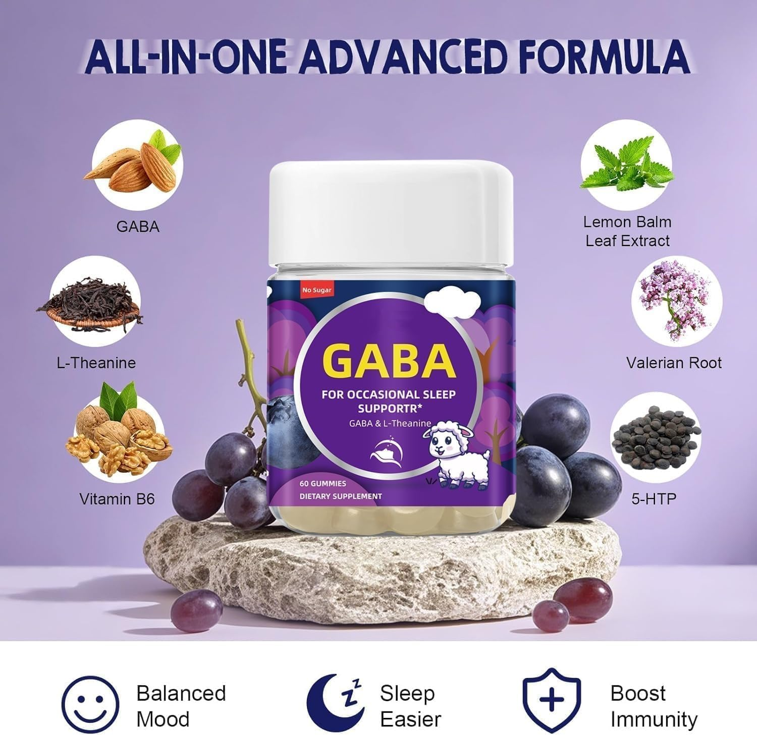 Sleep Gummies Supplements for Adult Calm with GABA,L Theanine for Brain,Sleep Support and Mood Stabilizer, Melatonin-Free,Blueberry Flavor 60 Gummies image number 5