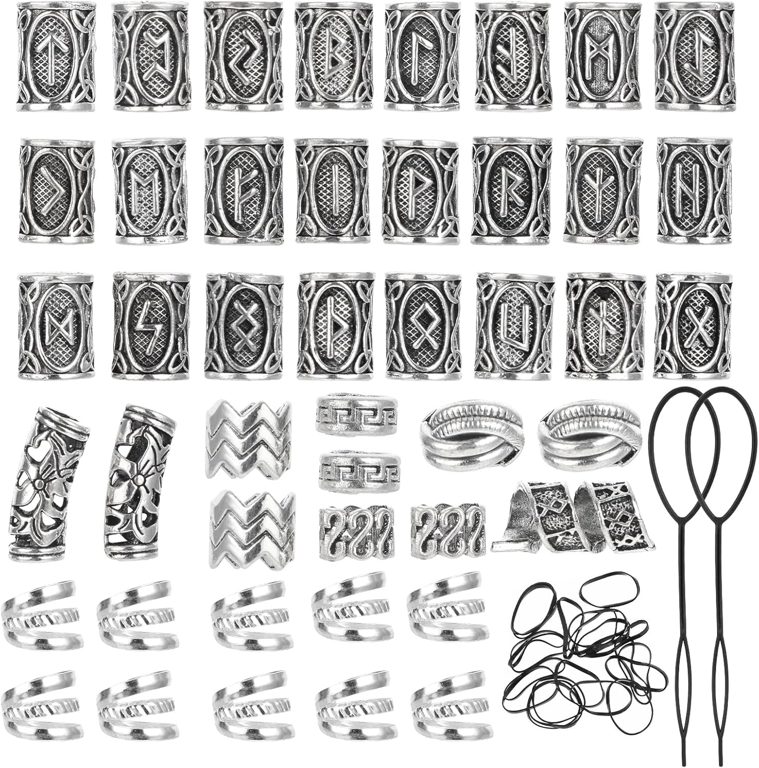 Qianyu 67 Pcs Hair Tube Beads Norse Vikings Runes Hair Jewelry Beard Beads for Bracelets Pendant Necklace DIY Metal Braiding Dreadlock Beads Decoration for Hair Braids Viking Beads Kits