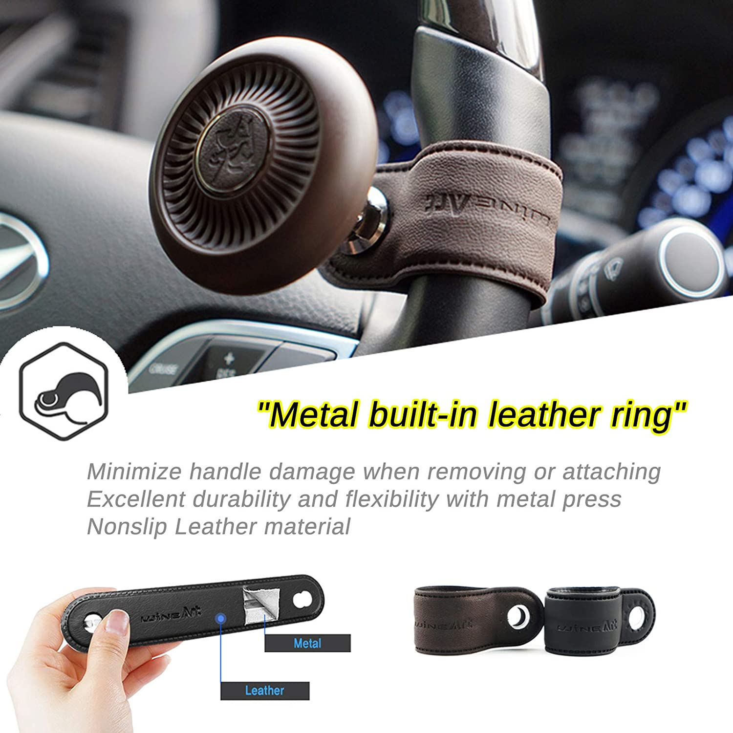 Blacksuit Car Steering Wheel One-Touch Foldable Knob Leather Power Handle Spinner Suicide Accessory Knob for Car Vehicle Truck image number 2