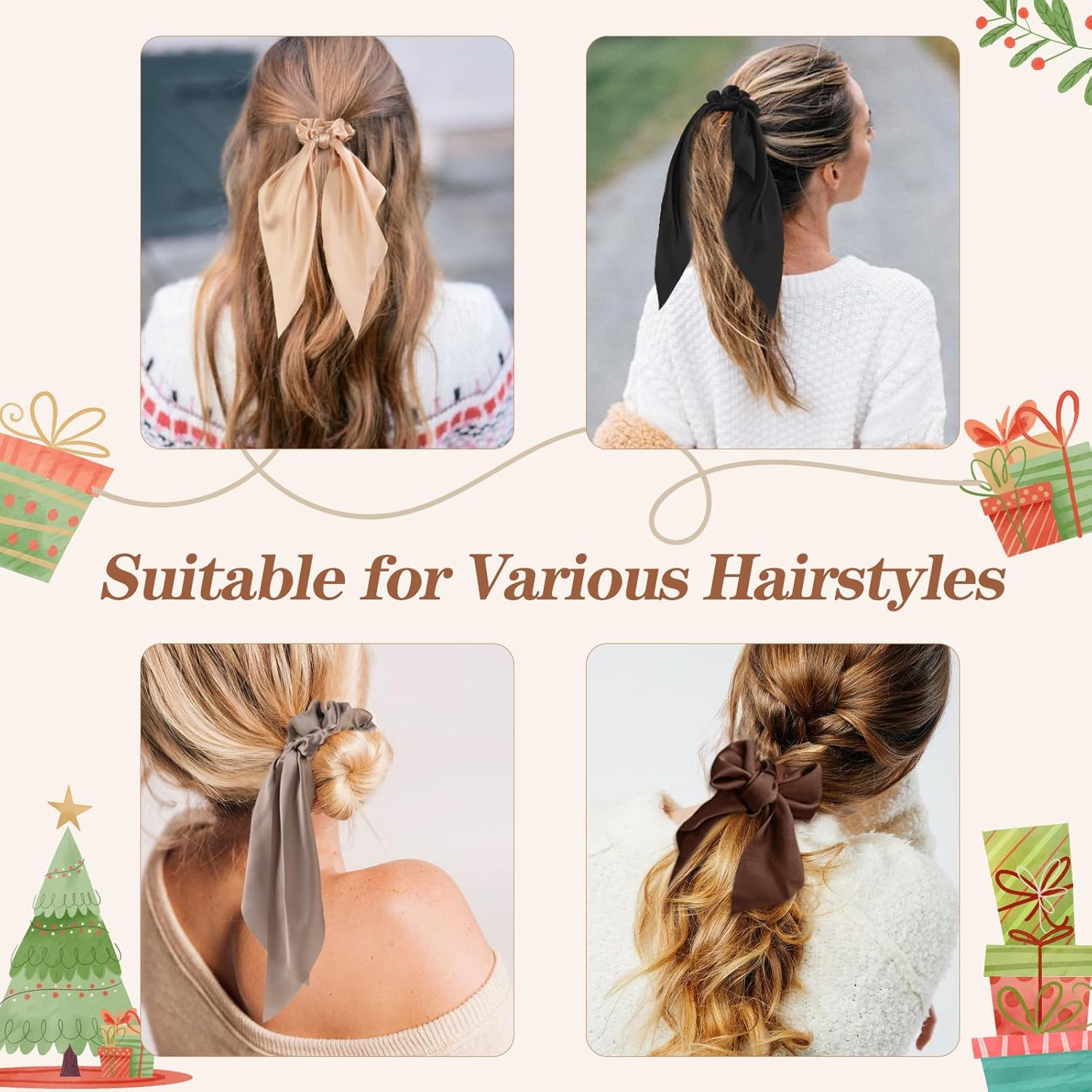 6 PCS Bow Silk Scrunchies, Hair Ties with Bows, Hair Scrunchies for Women Girls, Knotted Bows Silk Hair Ties, Satin Hair Ribbon Elastic Hair Tie, Valentine'S Day Gifts image number 2