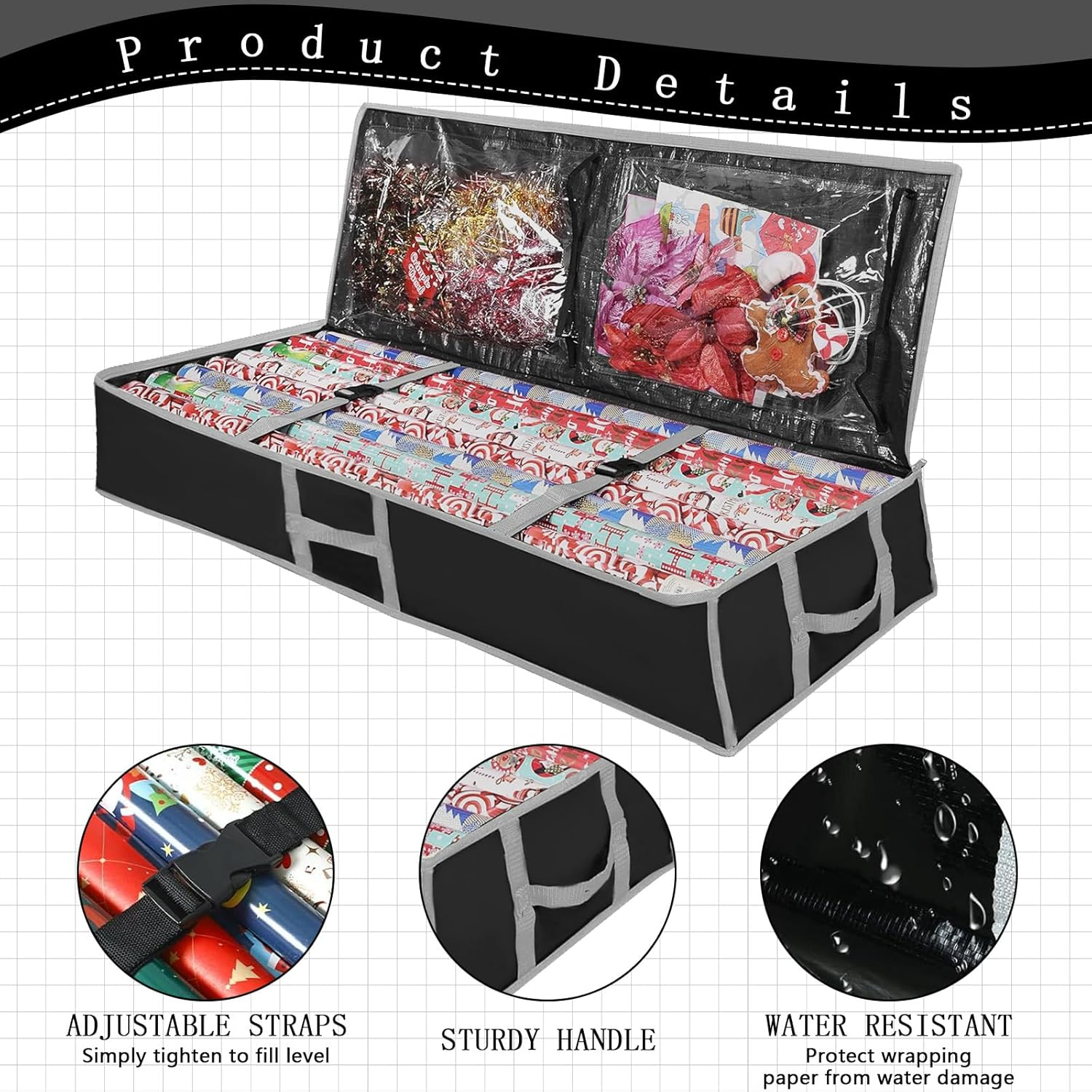 Wrapping Paper Storage Box, 104&times;36&times;16Cm Large Capacity Christmas Wrapping Paper Organizer Containers with Zipper Pockets, Foldable Gift Wrap Storage for Holiday Decorations (Black with Gray Trim) image number 5