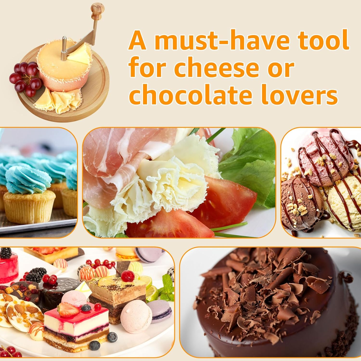 Cheese Curler, 8.7&times;5.6 Inch Stainless Steel Shaver, Wooden Handheld Cheese Slicer Board, Rust-Proof Multifunctional Chocolate Flower Shaver Butter for Cheese Chocolate Restaurants Cafes Bakery image number 2