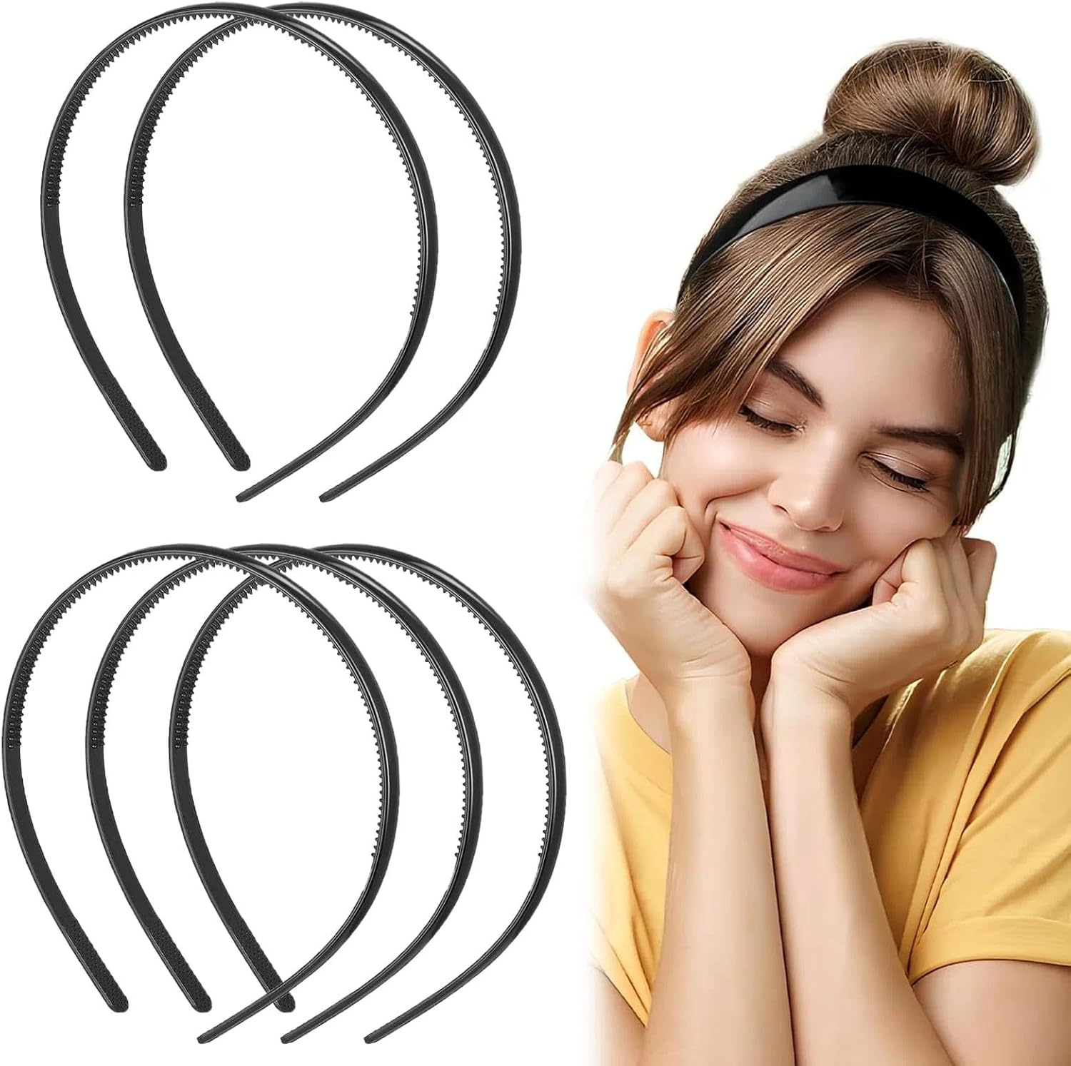 Xoelle Pack of 5 Black Headbands, Wide Headbands, Women'S Hair Band, Girls' Hair Band, Non-Slip Plastic, Non-Slip with Prongs, Elegant, Simple Headbands for Hairstyles, Decorative (Width 1.2 Cm)