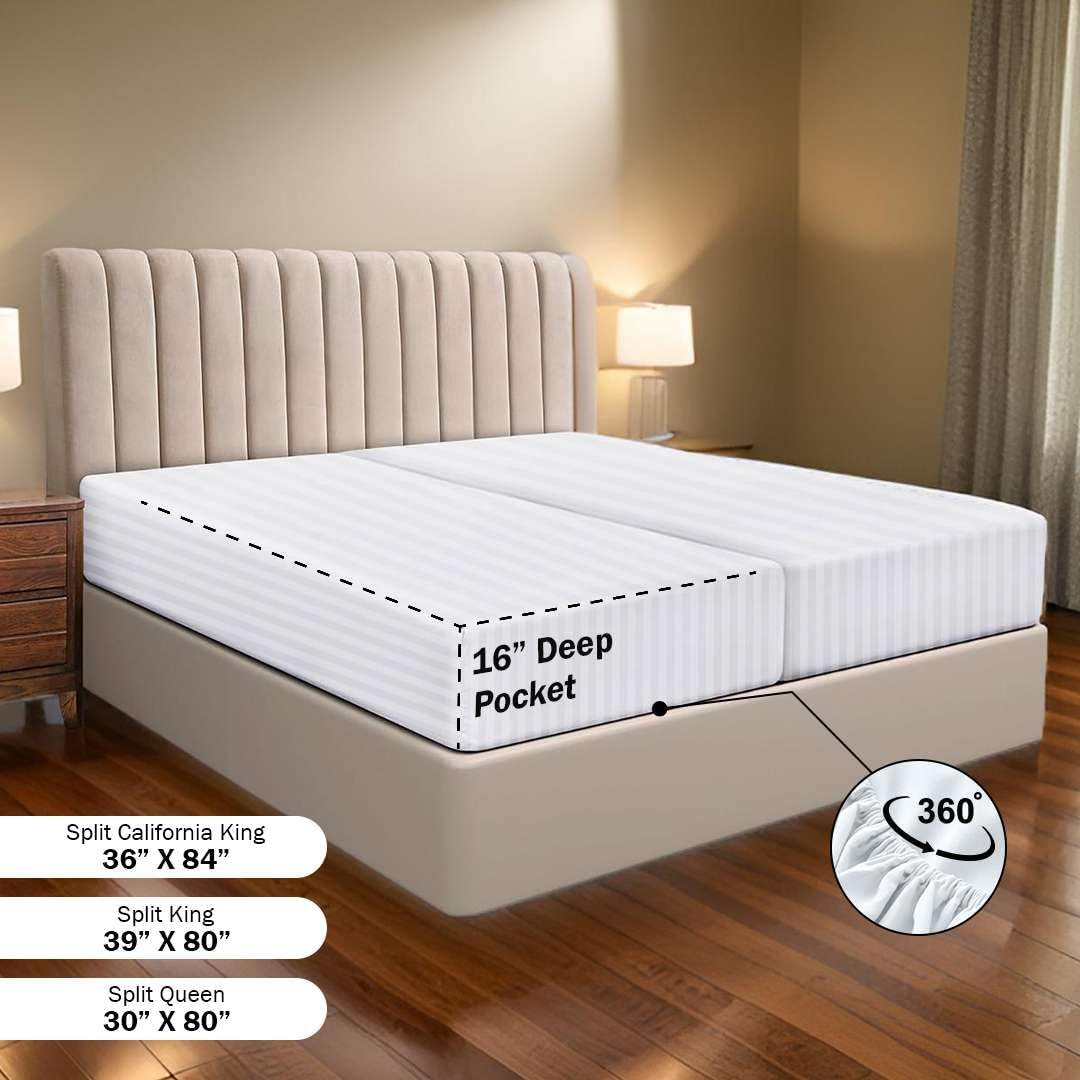 Ready to Rest 100% Egyptian Cotton Split Queen Sheets Sets for Adjustable Bed 5 Piece, Fits Mattress Upto 16" Deep, Hotel Luxury, Ultra Soft, Cooling Bed Sheets, White Stripe image number 7