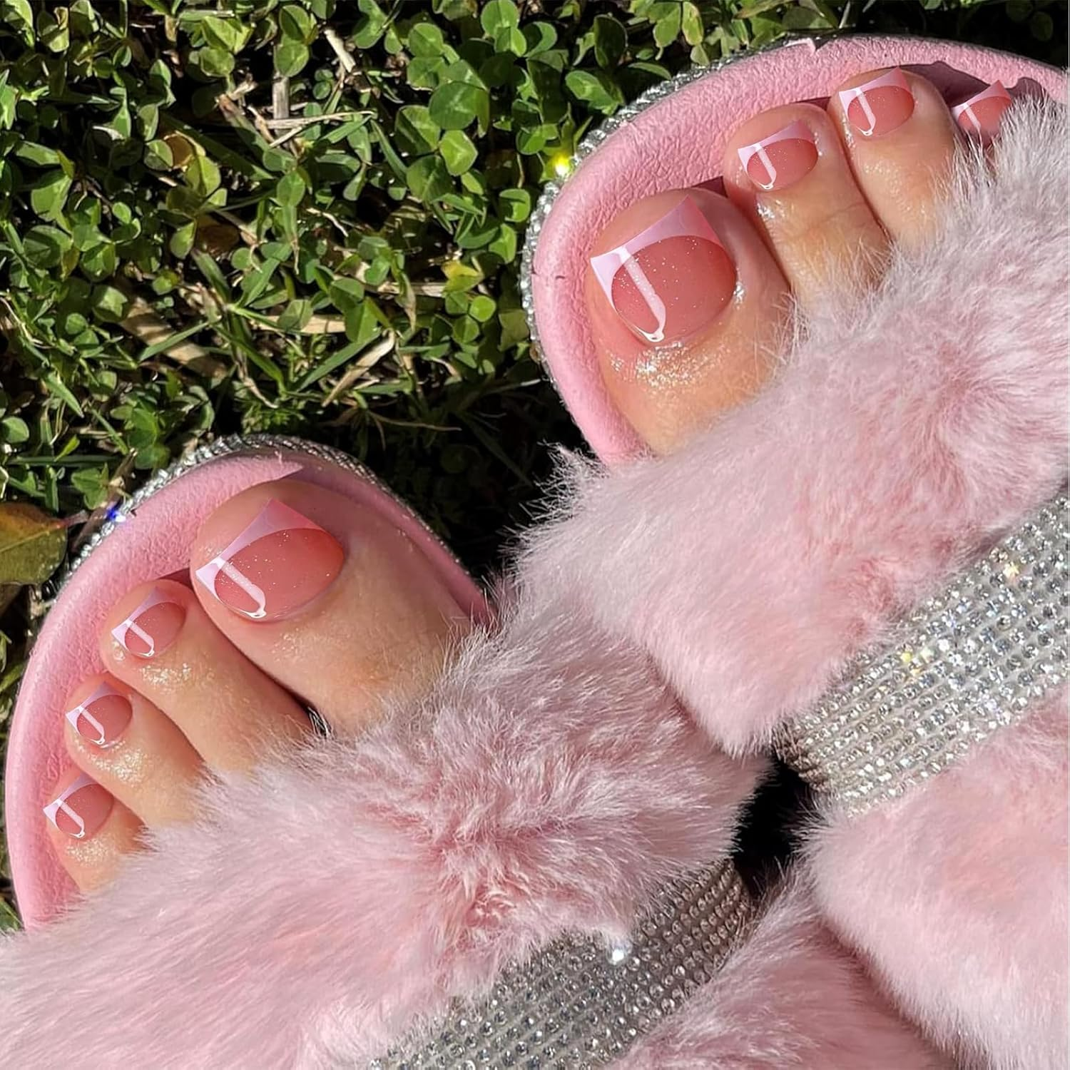 NATOSU Pink French Tip Press on Toenails Short Glitter Fake Toenails Square Shape Fake Toenails Cute Designs Full Cover Stick on Toenails for Women image number 6