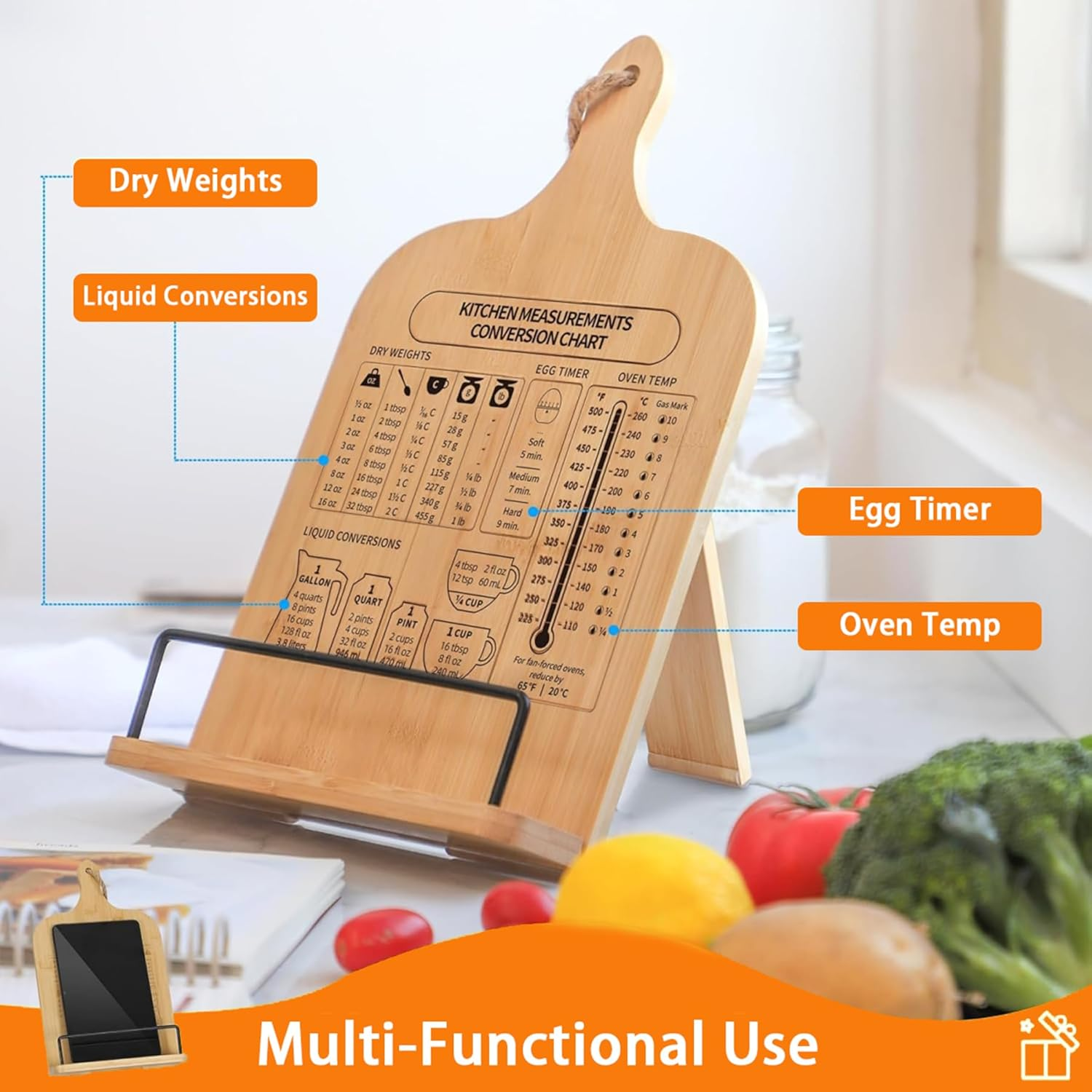 FORYUSE Cookbook Stand Wooden Recipe Book Holder with Measurement Conversion Chart Adjustable Rustic Cook Book Stand for Kitchen Counter image number 5
