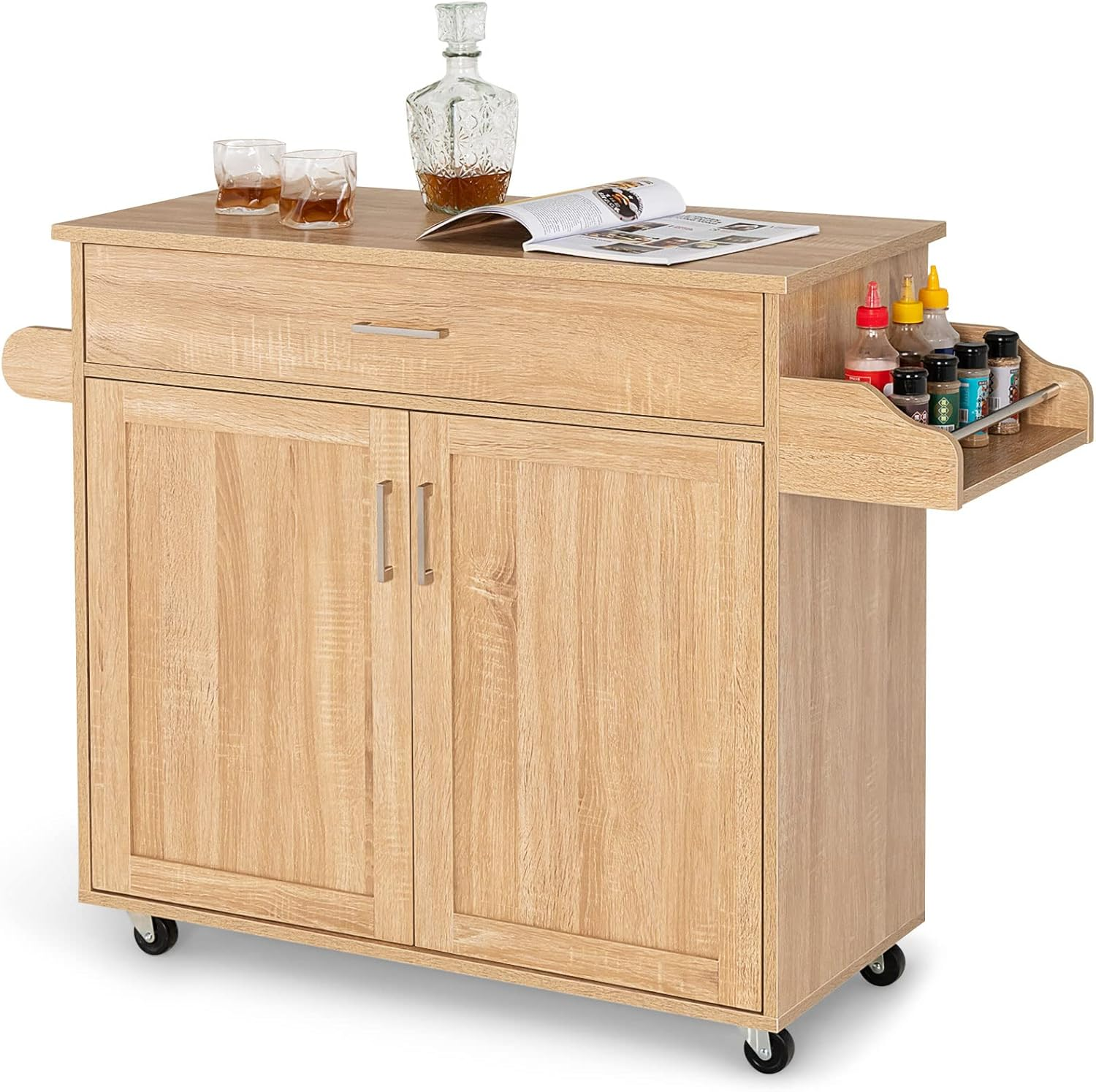 Giantex Wooden Rolling Kitchen Island, Storage Cart Trolley W/Adjustable Shelf, Spice Storage Sgelf, Towel Rack & Drawer, Utility Buffet Cabinet W/Beech Top for Kitchen Dinning Room Canteen, White