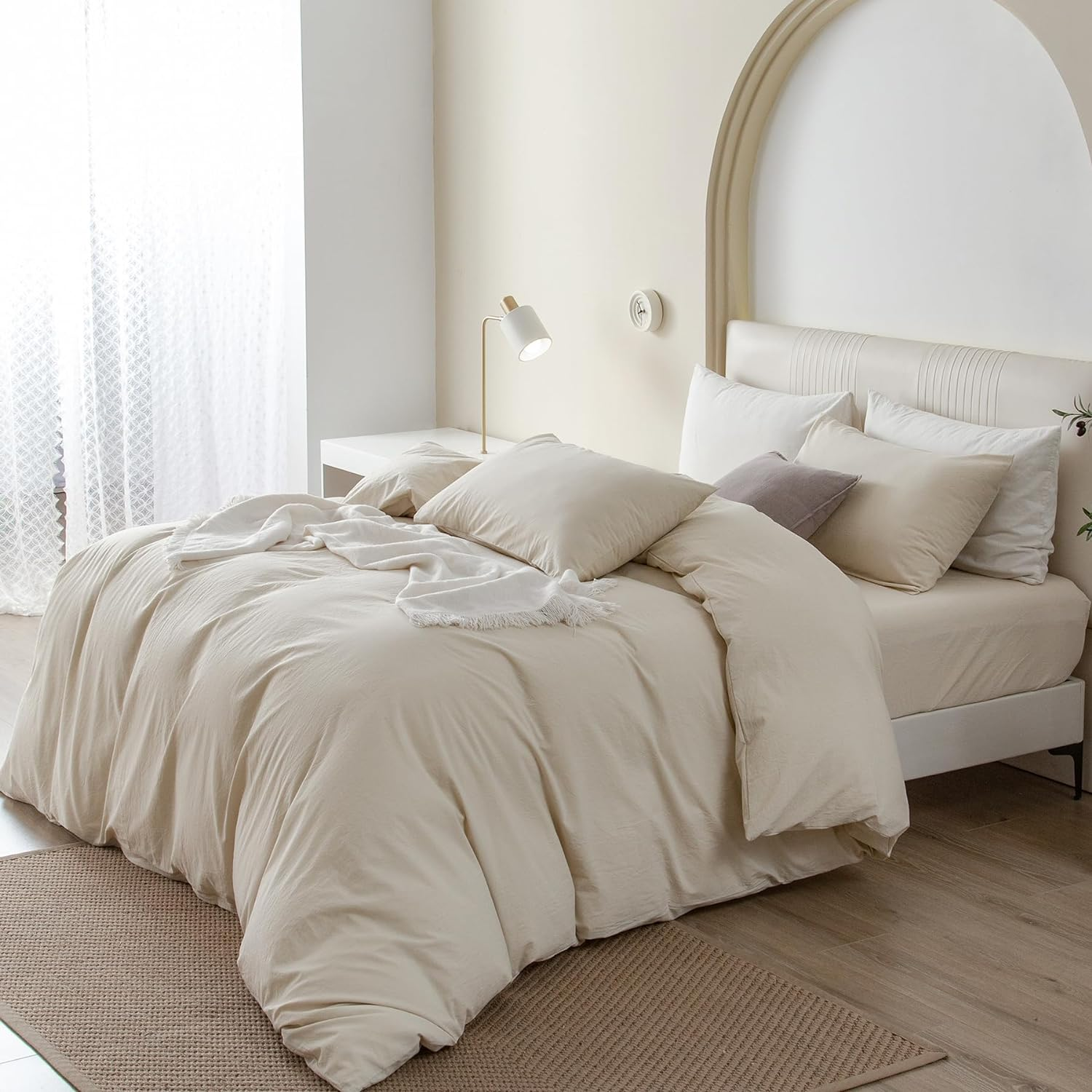 JIYUAN 100% Washed Cotton Duvet Cover Set Comfy Simple Style Soft Breathable Textured Durable Linen Feel Bedding for All Seasons Queen, Solid Beige image number 3