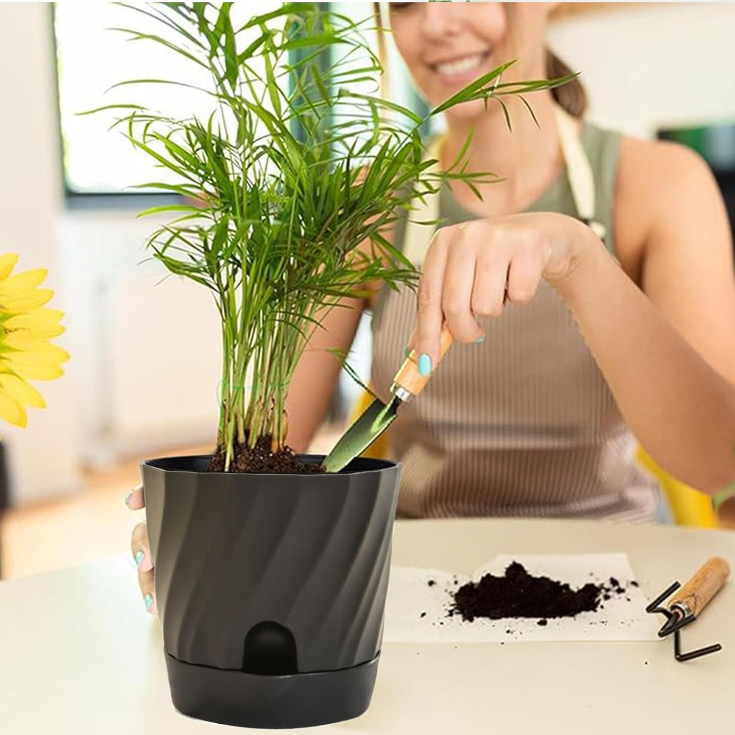 MLKLDOU 6 Inch Indoor Self Watering Pots with Indoor Planter Pot,3 Pack Plastic Plant Pots with Reservior and Drainage Holes,Pots Planters for Outdoor Garden Succulent Orchid Flower Pot（3 Colors） image number 3