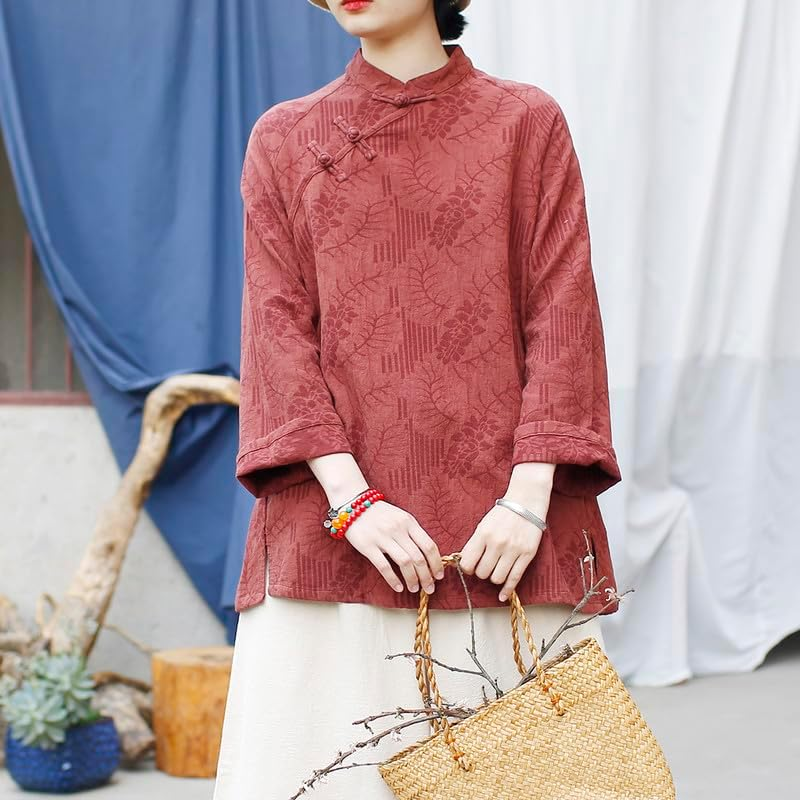 Autumn Chinese Style Blouse Traditional Top Linen Cotton Boho Elegant Women'S Shirt Coffee image number 3
