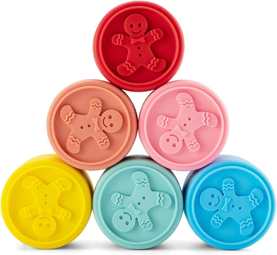 Cute Silicone Cookie Stamps Set- 6PCS Biscuit Cutter Fondant Mooncake Mold with Handle Cake Dessert Adjustable Pressable DIY Baking Decoration Tool for Christmas Holiday Home and Kitchen(Random Color)